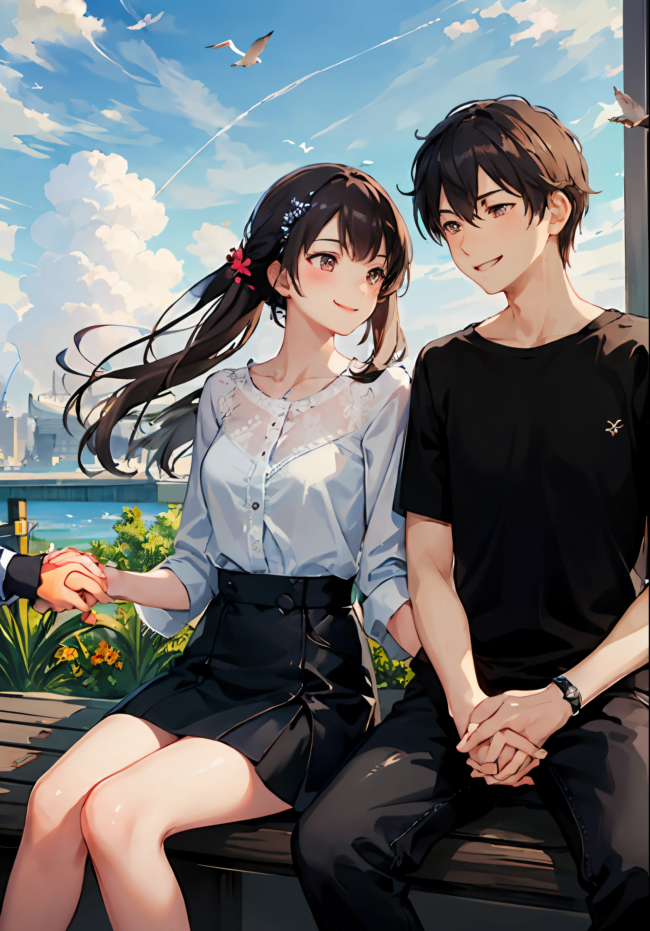 (masterpiece:1.3), best quality, official art, 1girl, 1boy, (cute:1.3), sitting on a park bench, (holding hands), smiling, blushing, (bright), (:D:0.6), sun light, cumulonimbus clouds, birds