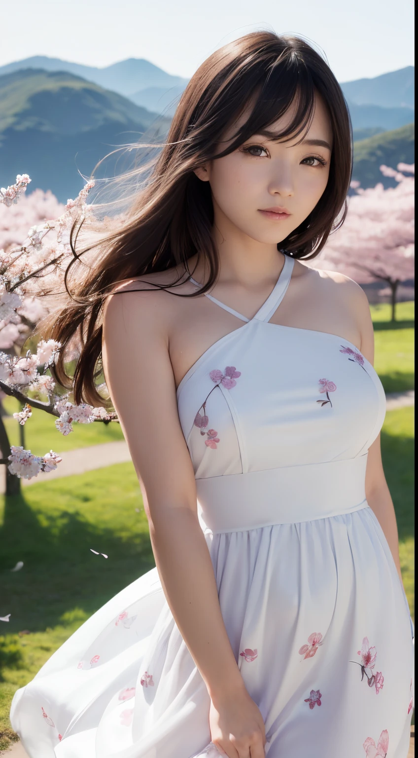 (A logo、masterpiece、8K、masutepiece、Raw photo、Fantastic、Best Quality、Photorealistic、extremely detailed CG unified 8k wallpaper、hightquality、ighly detailed、epic poem、Particle effect、Dynamic effects、depth of fields、Cinematic Light、Lens Flare、Ray tracing)、Fantasia、 (Beauty 1 person、White Japanese Clothing、Japanese dress、White cherry blossom pattern、White cherry blossom embroidery pattern、A dark-haired、Beautiful face、Real Face、Beautiful detail eyes、Beautiful skin)、Hair flutters in the wind、Hair jumps、Pink cherry blossom tree、Petals flutter、Sakura blizzard、Superb view、morning glow、Sun in the background、the wind、Deities、tusk、myth、Vast Land、