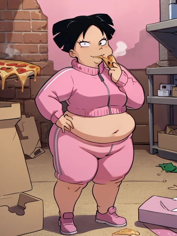((masterpiece)), obese amy wong, black hair, wearing a pink track suit, visible navel, farting, fat arms, fat belly, fat neck, big and fat face, big cheeks, extra thick thighs
standing, hands on hips, looking at viewer, smiling, sexy pose, fart,
indoors, empty warehouse, brick walls, eating pizza
extremely detailed, bounce lighting, clean ambiance, HDR,