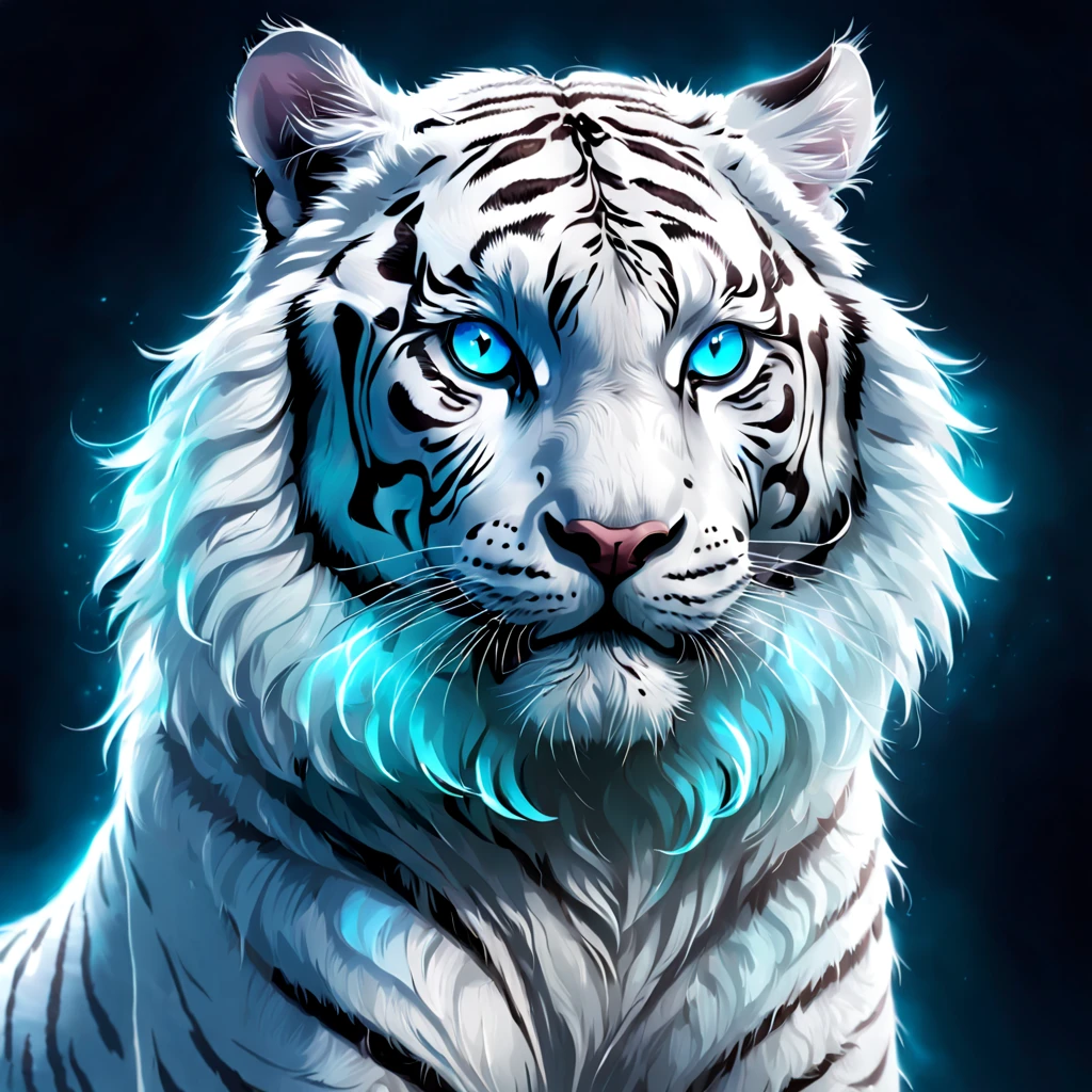 photore, sportrait, weird digital art, Weird ghost White tiger, spectrum, Playful, number art, midnight mist, glowing phantom eye, super adorable, Translucent flowy fur, glowing fur silk, Lovely VCuteStyle