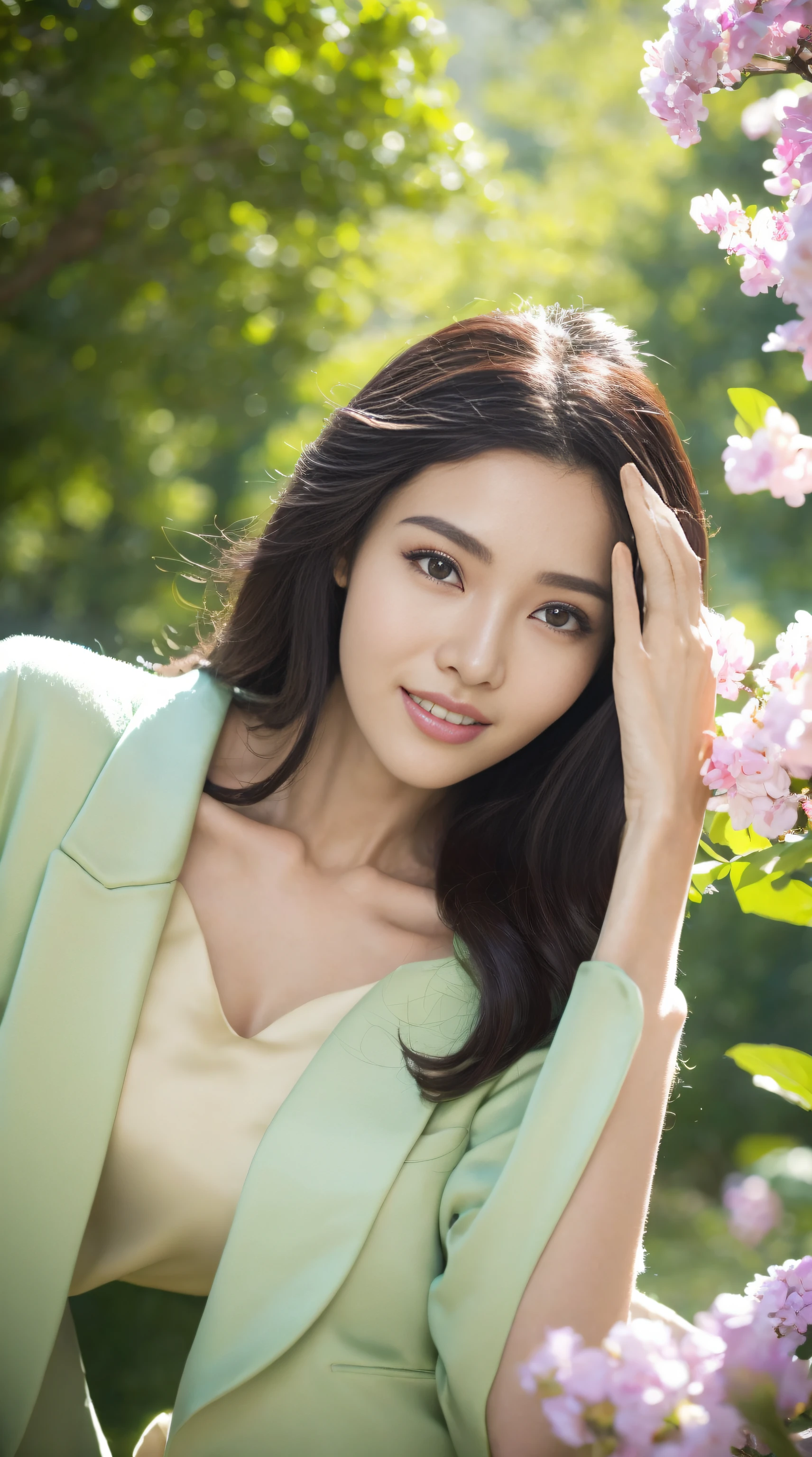 Fashion model 18 years old [[[[Close-up cleavage]]]], [[[[climaxing]]]], [[[[rapeseed]]]], [[[[bshoulders]]]], perfect  eyes, Perfect iris，perfect lips，perfect teeth，Perfect Skin，with fair skin，HighDynamicRange，Movie Girl，(delicated face)，(Highly defined faces)，Pink casual wear，The background is green trees，fresh flowers，4K Ultra HD, 超高分辨率, (realistically: 1.4), Best quality at best，tmasterpiece，（pastel colour：1.2）