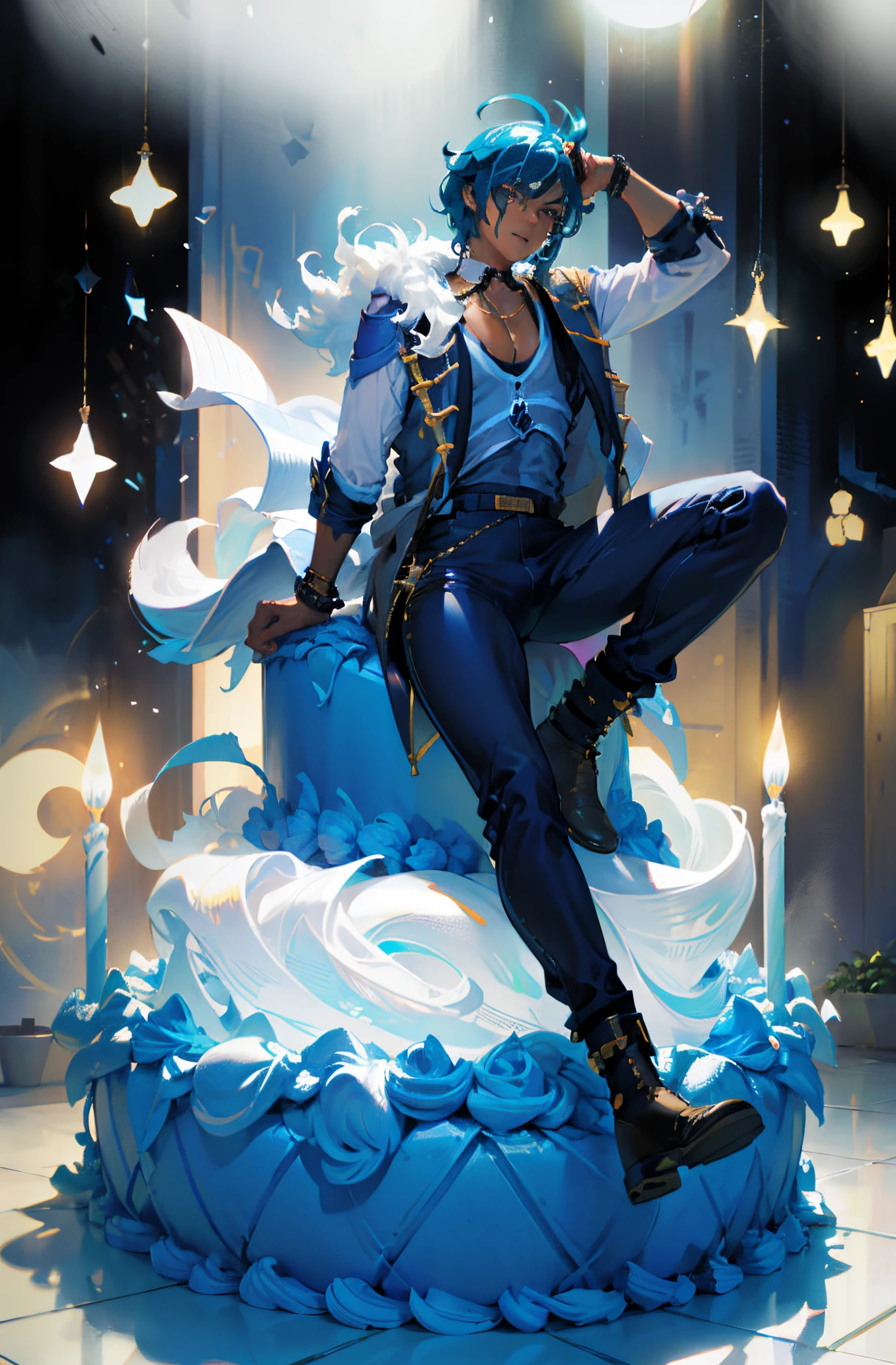 1 man solo, dark tanned skin, blue hair, blue jacket, black pants, eyepach, sitting on a big huge birthday cake, birthday party, ((huge cake)), dynamic pose, cinematic shot, cinematic lighting