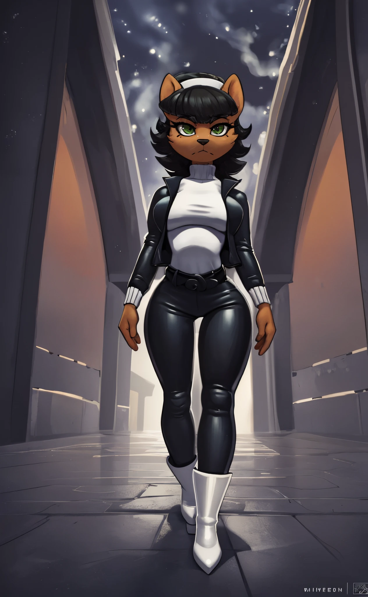 [Katwell], [Uploaded to e621.net; (Pixelsketcher), (wamudraws)], ((masterpiece)), ((high res)), ((HD)), ((solo portrait)), ((full body)), ((front view)), ((furry; anthro)), ((detailed fur)), ((detailed shading)), ((detailed shadows)), ((beautiful render art)), ((intricate details)), ((cinematic lighting)), {anthro; (slim figure), (light-brown fur), black nose, (cute green eyes), (long eyelashes), short black hair, (long fluffy tail), (small boobs), (gorgeous wide hips), (beautiful legs), (frown)}, {(black jacket), (white turtleneck sweater), (tight black high-rise pants), (black belt), (white hairband), (white boots), (white heels)}, {(walking), (looking at viewer)}, [background; (tunnel), (nighttime), (starry sky), (dark lighting), (ambient lighting)]