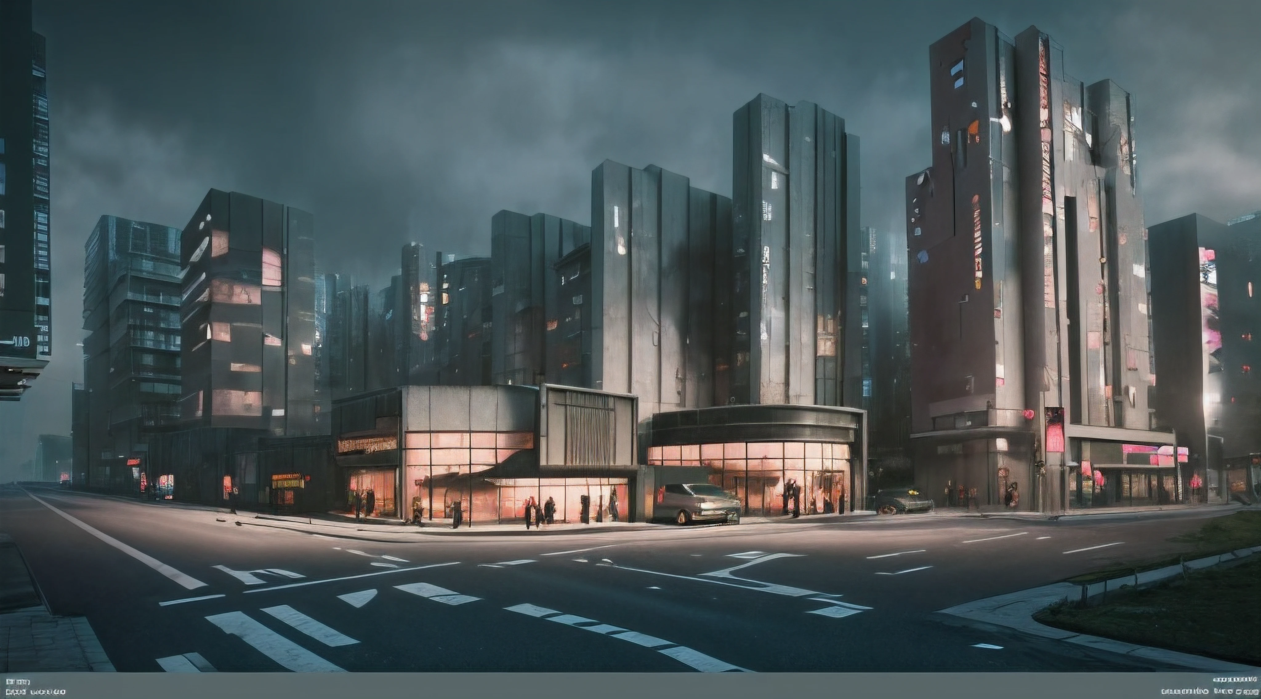 There is a picture of a building，There is a sign on it, view from ground, Unbiased rendering, conceptual drawing, architecture render ”, View from across the street, conceptual rendering, street level view, building rendering, Front view, from street level,  sharp hq rendering, ground-level view, building rendering，cyber punk style，shopping mall at night，There are vehicles on the road