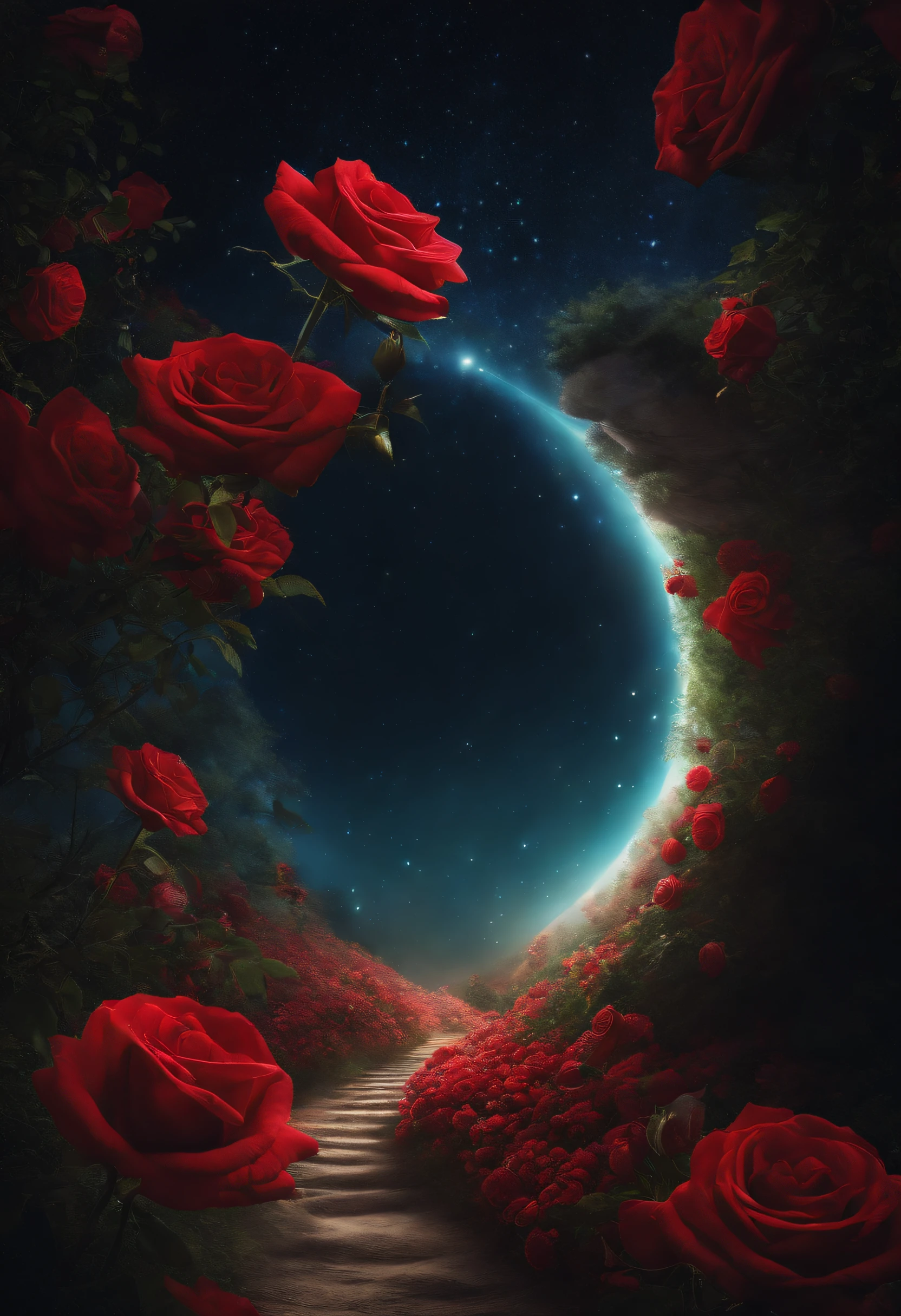 (Best quality,4K,8K,A high resolution,tmasterpiece:1.2),ultra - detailed,actual,red rose,twinkling galaxy,starlights,illuminations,Velvety touch,petals,Silky details,vibrant with colors,Ethereal atmosphere,Vibrant red hue,Celestial elements,subtletextures,Luminous light source,Dramatic shadows,magical ambiance,surreal pattern,mistic,realistically,crystal-clear,It's breathtakingly beautiful,glowing background,Starry Sky Universe,Romantic,Otherworldly,stellar,big breasts enchanting,Exquisite,Lush greenery,serene environment,Elaborate on the above details,glistening stars,nigh sky,cosmic energy,Beautiful movements,Deep contrast,Saturated hues,evoke emotions,like a dream,visual shock.