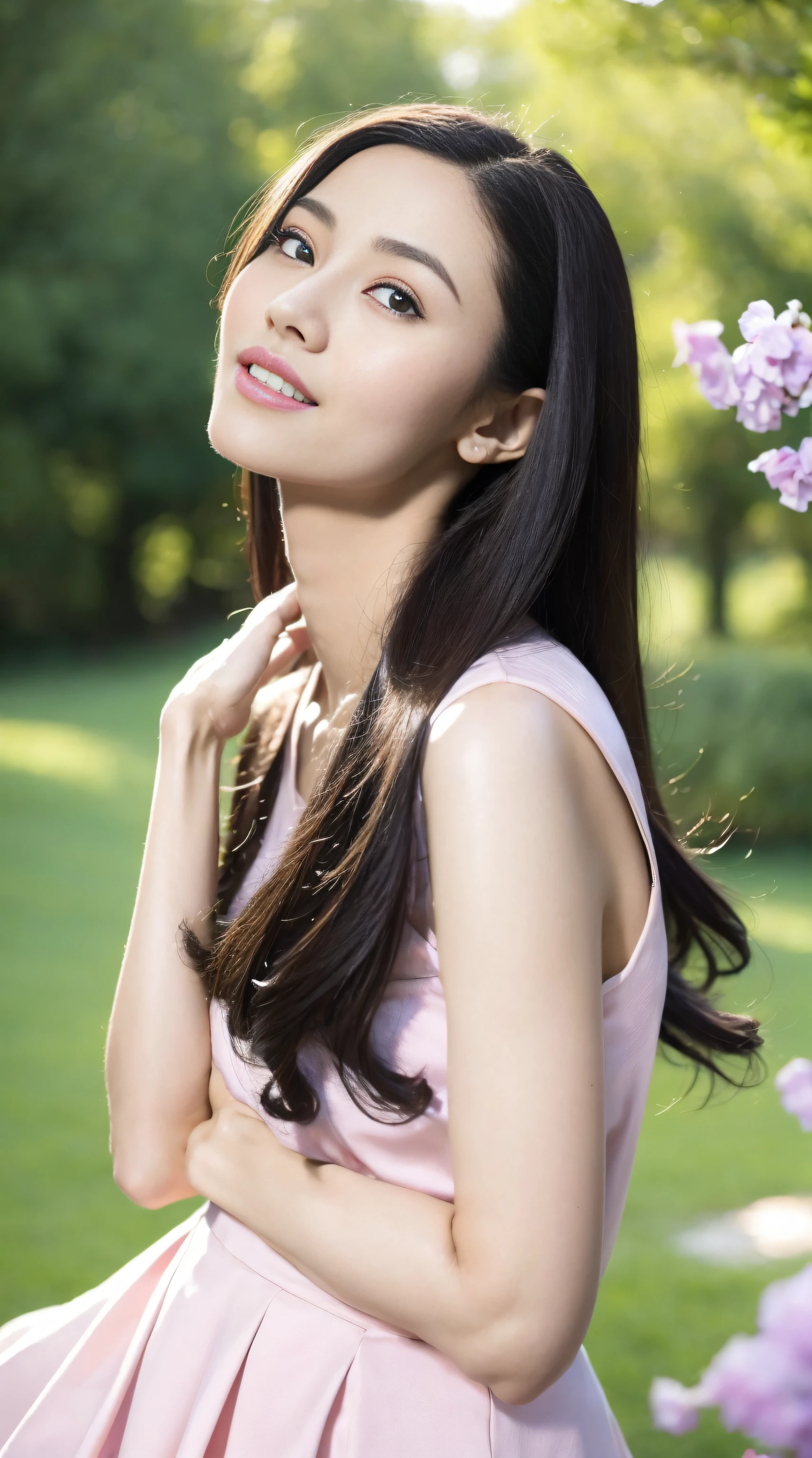 Fashion model 18 years old [[[[Close-up cleavage]]]], [[[[climaxing]]]], [[[[rapeseed]]]], [[[[bshoulders]]]], perfect  eyes, Perfect iris，perfect lips，perfect teeth，Perfect Skin，with fair skin，HighDynamicRange，Movie Girl，(delicated face)，(Highly defined faces)，Pink casual wear，The background is green trees，fresh flowers，4K Ultra HD, 超高分辨率, (realistically: 1.4), Best quality at best，tmasterpiece，（pastel colour：1.2）