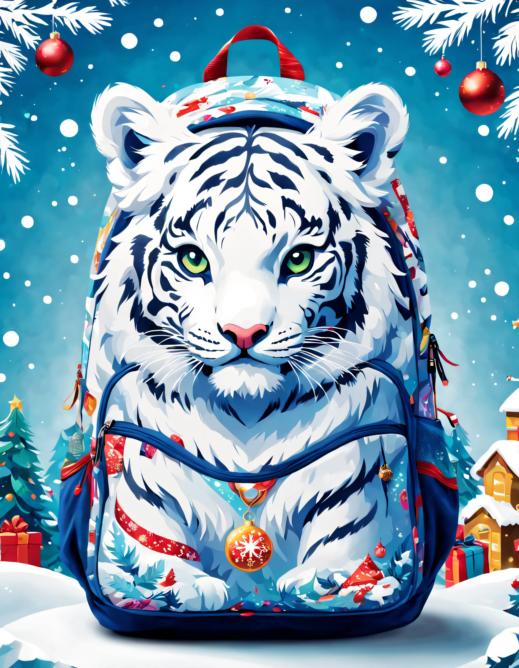 Product design，Poster design，（Little white tiger creative backpack），Background with：christmas