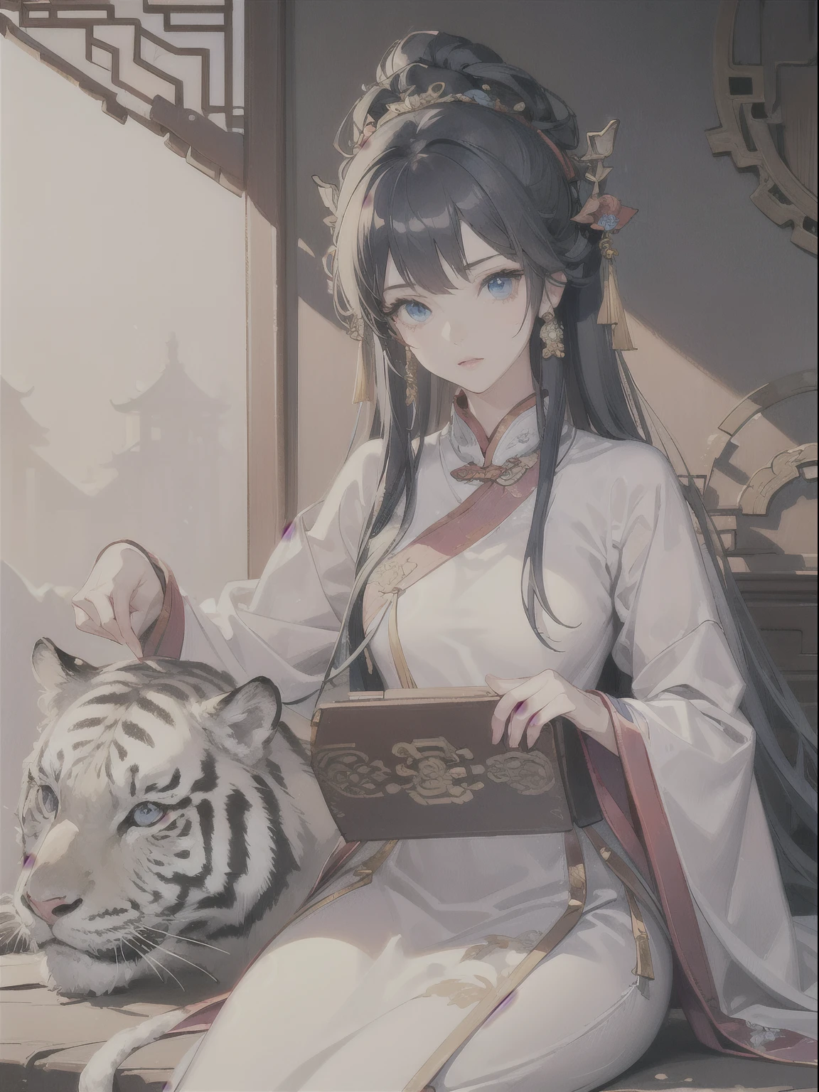 (masterpiece:1.2), beautiful girl, anime style, long hair, white hair, blue eyes, white clothes, Chinese traditional clothes, sitting leaning on the body of a white tiger, Tiger, white Tiger, ultra-detailed unity CG wallpaper, global illumination, simple background,