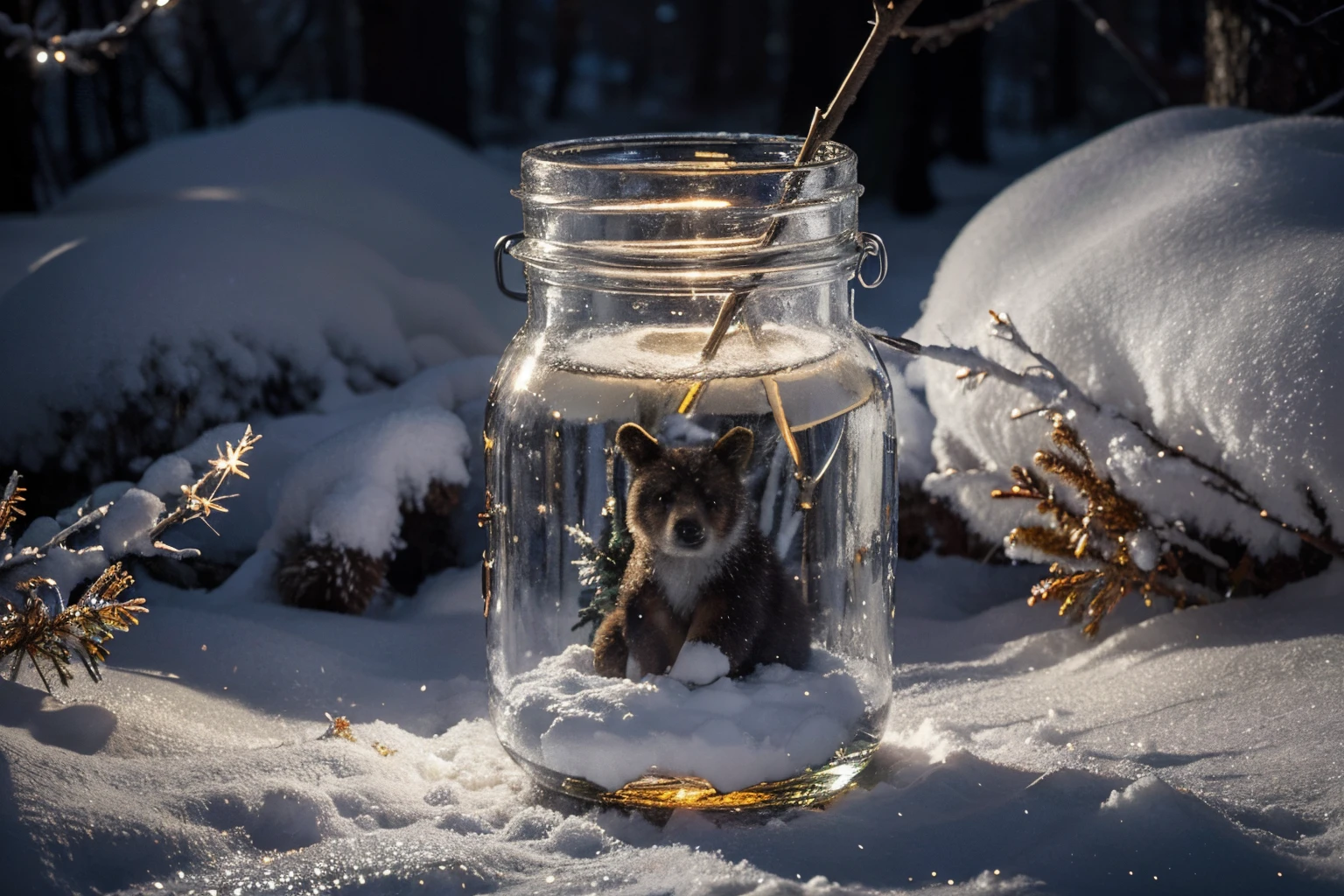 (best quality,4k,8k,highres,masterpiece:1.2),ultra-detailed,(realistic,photorealistic,photo-realistic:1.37),A bear cub in the winter Christmas forest in the moonlight, holding a honey jar,fantasy,extremely large snowflakes in the background,illustration,glowing eyes,majestic winter landscape,vibrant colors,peaceful atmosphere,frozen stream,bare trees covered in snow,enchanted forest,soft, dreamlike lighting,magical scene,hint of mystery,snow-covered ground,sparkling stars,quiet, serene setting,soft moonlight casting shadows,enchanted forest,delicate snowflakes,freshly fallen snow,sparkling frost on trees,whimsical touch,natural beauty,wonderland-like environment,captivating moment,calm, magical ambiance,fairy tale element,winter wonderland,cozy,festive,peaceful,nighttime,cosmic winter scenery,perfectly captures the holiday spirit,adorable,fantasy-inspired artwork,shadowy figures in the distance,tranquil winter night,playful energy,jar filled with golden honey,starlit sky,deep sense of wonder,detailed fur texture on the bear cub,glistening snow,ethereal glow.