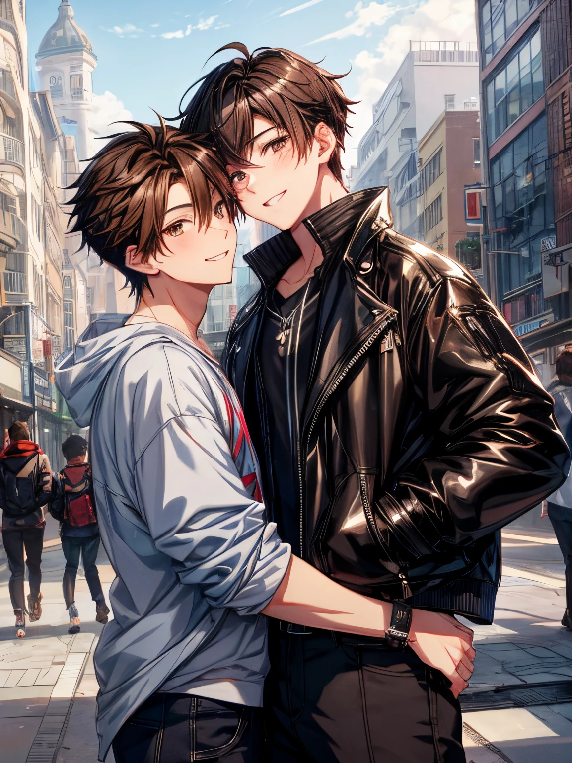 Cartoon same-sex couple on the street with buildings in the background, guweiz, artwork in the style of guweiz,  Yaoi,  Cute boys, Two anime handsome men, Beautiful Boys, male art、(((Male Focus))),ember、(((Two men)))、ember、(((Boys Love)))、youthfulness、Man and man, Face, Looking at Viewer, (A dark-haired)、((Brown hair))、A smile、Flirting