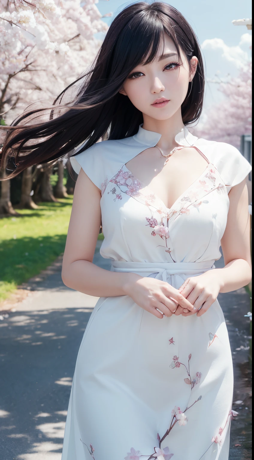 (A logo、masterpiece、8K、masutepiece、Raw photo、Fantastic、Best Quality、Photorealistic、extremely detailed CG unified 8k wallpaper、hightquality、ighly detailed、epic poem、Particle effect、Dynamic effects、depth of fields、Cinematic Light、Lens Flare、Ray tracing)、Fantasia、 (Beauty 1 person、White Japanese Clothing、Japanese dress、White cherry blossom pattern、White cherry blossom embroidery pattern、A dark-haired、Beautiful face、Real Face、Beautiful detail eyes、Beautiful skin)、Hair flutters in the wind、Hair jumps、Pink cherry blossom tree、Petals flutter、Sakura blizzard、Superb view、morning glow、Sun in the background、the wind、Deities、tusk、myth、Vast Land、