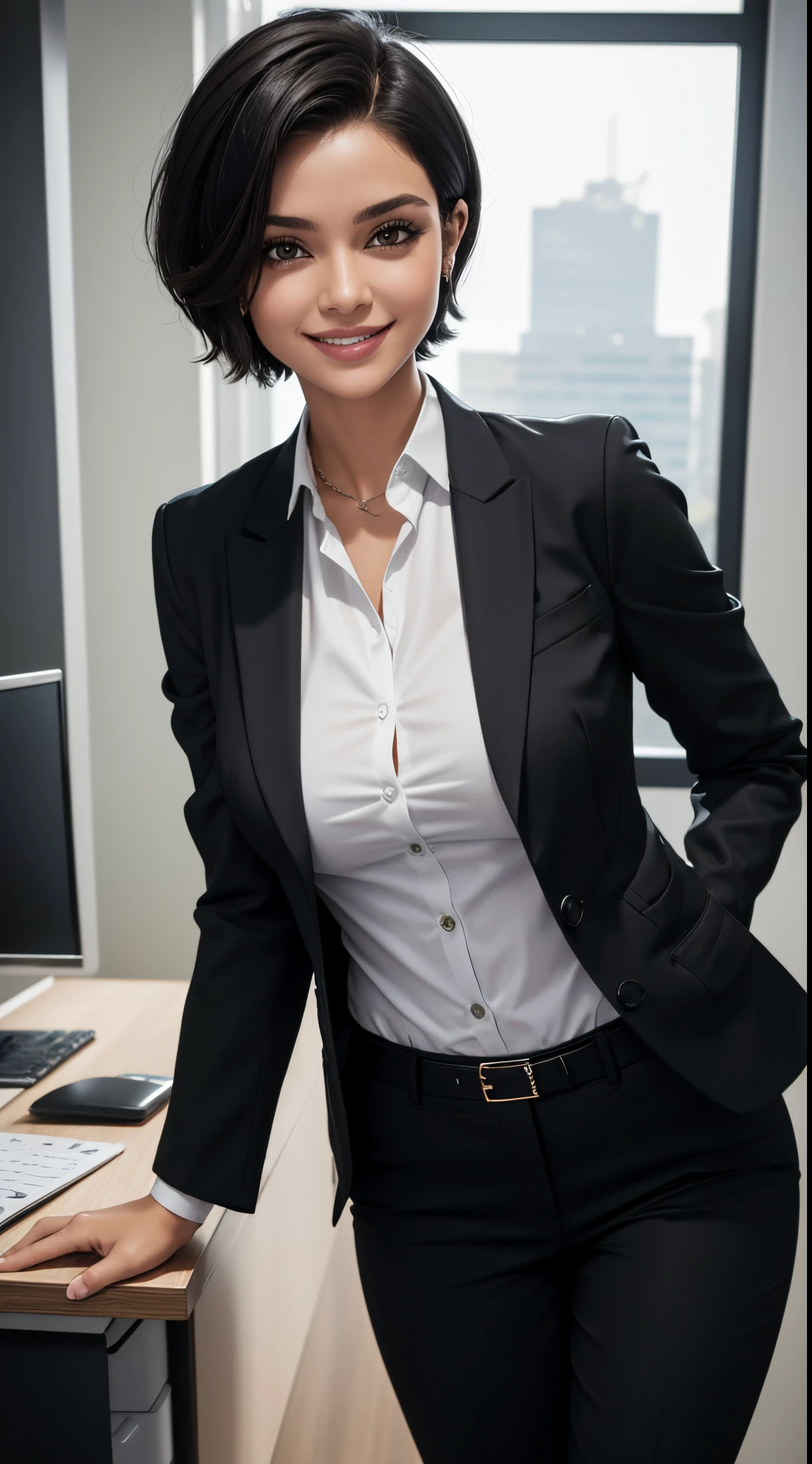 uma jovem de cabelo preto, olhos verdes, short hair up to the shoulders, she is in the office, ela esta de roupa, dress pants and blazer, She is a businesswoman, she is happy, melhor fotografia, obra prima, luz cinematografica, She's smiling