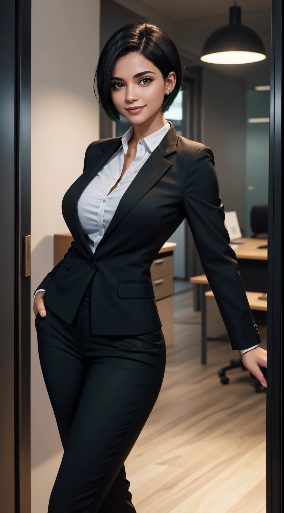 uma jovem de cabelo preto, olhos verdes, short hair up to the shoulders, she is in the office, ela esta de roupa, dress pants and blazer, She is a businesswoman, she is happy, melhor fotografia, obra prima, luz cinematografica, She's smiling