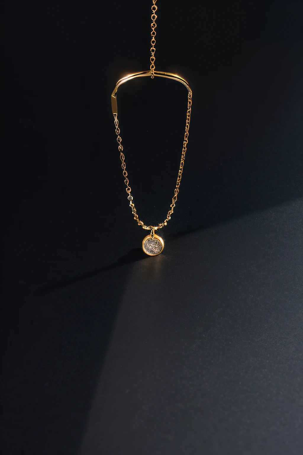 product image in a studio of a necklace made of gold with a minimalistic style, ultra detail, dark background, product image in studio, summer vibe