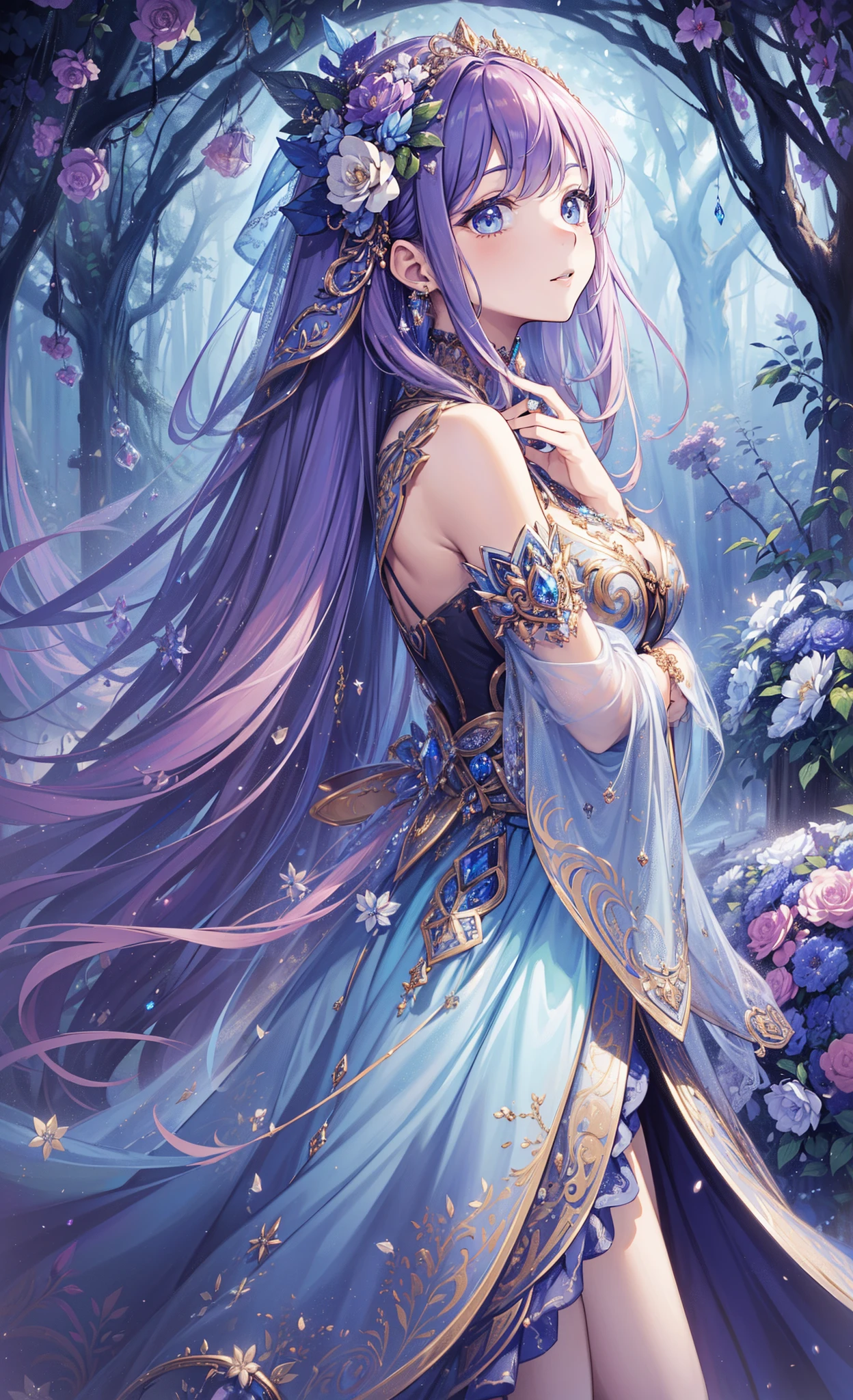 (tmasterpiece), ((Best quality)),(offcial art),(Beautiful indulgence:1.2),(a skirt),(1 girl: 1.3), Beautiful woman wearing densely designed dress, sealed in a crystal, Beautiful woman who grew up with trees，Receive seal crystal. Midnight moonlight，it emits a faint light. Detailed depiction of the. Vibrant colors. Colorful, highest details ((super detailing)),(highly detailed 2D illustration),((very delicate beautiful))super detailing,