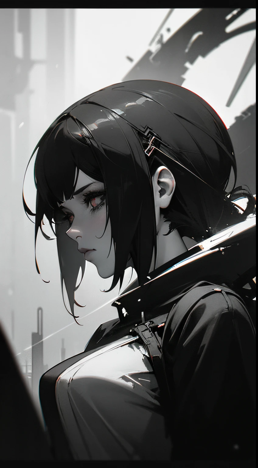 a digital painting of a woman with black and white makeup, cyberpunk art by Anna Dittmann, cgsociety, gothic art, dystopian art, detailed painting, behance hd, deep photography, Ilford HP5 film, crushed blacks, depth of field, dark photo, film grain, shadows, natural light