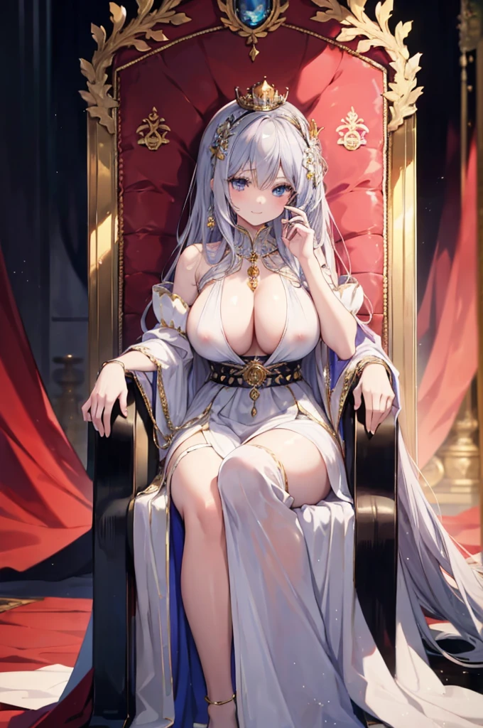 1female, Dominant, woman,Queen, Empress, largest breast,Official art, long hair, Looking at viewer, teasing,Sitting on throne, ornate throne, royal throne, royalty, mommy, motherly, soft smile , highly detailed background, long hair, detailed eyelashes, royal dress, crown, jewelry,full body, silver hair, blue eyes, Big crown, giant crown, adult, royalty, white dress, regal, palace, sweet smile, detailed crown, nsfw,