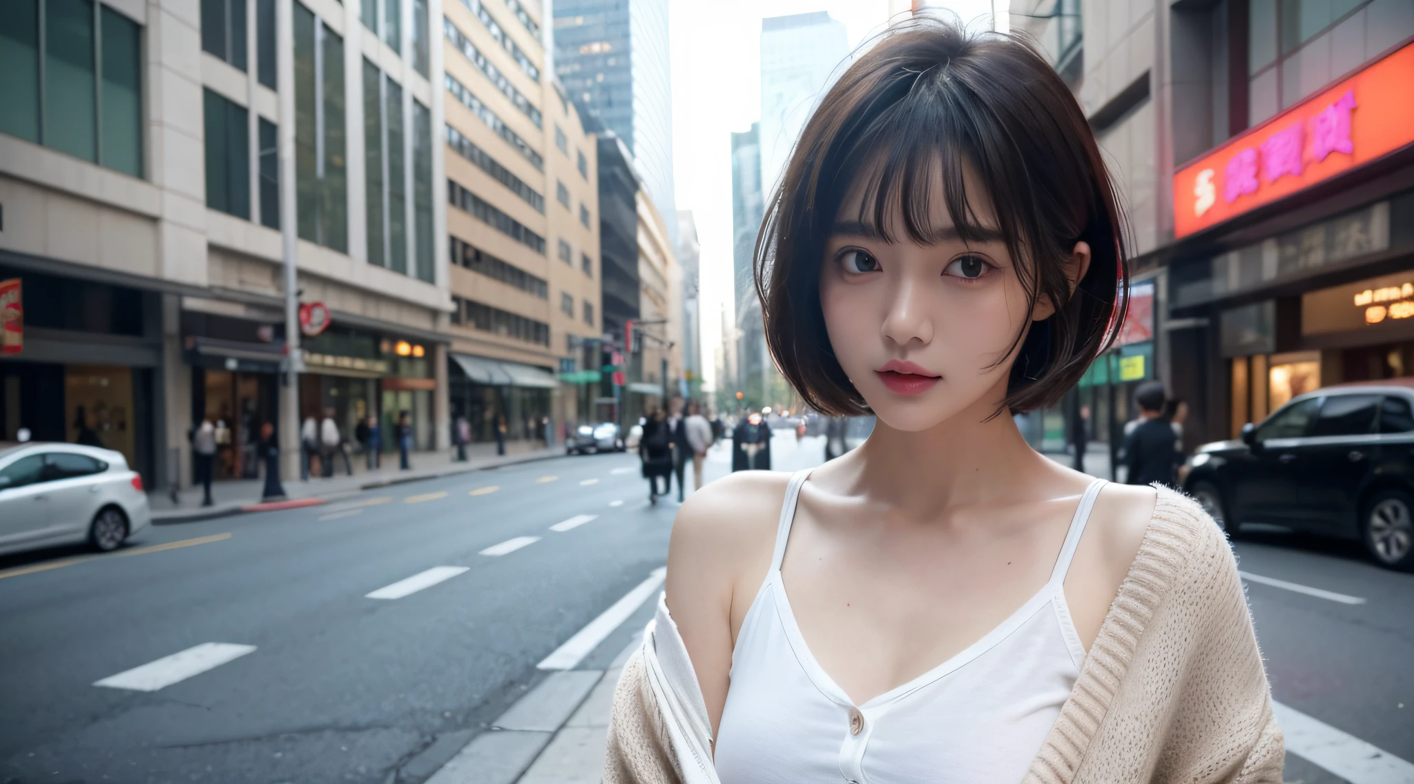 1 busty girl,in the middle,Ultra-delicate skin,ultra - detailed,lookingat,Brown eyes,Sagged Eyes,high detal,(Short hair with shoulder length bangs:1.2),(realistically:1.4),(Best definition:2.0),(hyper HD:1.0),16k, (tmasterpiece:1.5),(pure love face_v1:1.5),largeeyes,LOP,动态照明,The skin is wet and shiny, Bright pink glowing lipstick,Beautiful white skin,(sexually arousing:1.1),(buisness suit,casual pants),(The shirt,Oversized shirt,cardigan shirt,cardigan shirt),Realistic characters,female employee,26 year old,Mature adult body,Have on the street,The background is a bit blurry