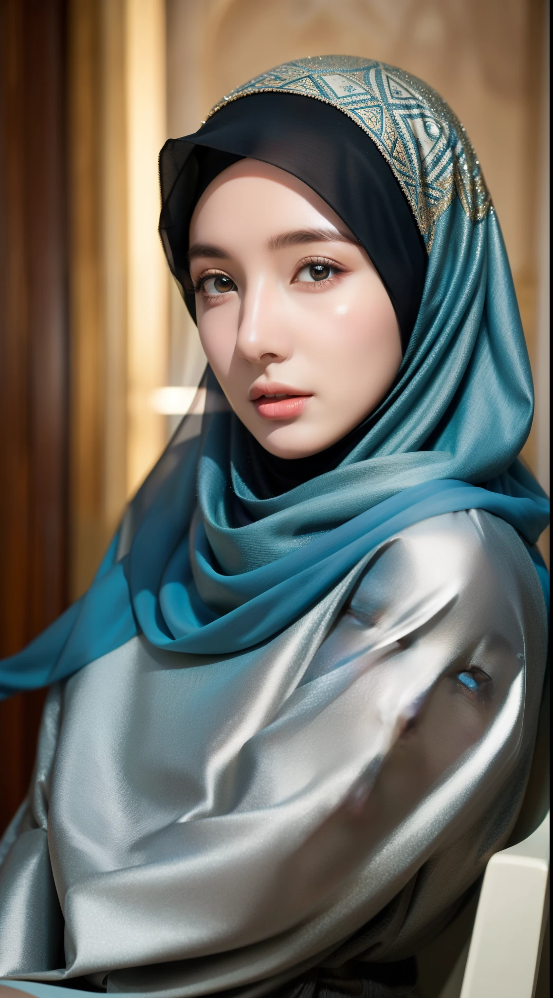 (RAW photo, best quality), (realistic, photo-realistic:1.3), HIJAB OUTFITS DRESS, best quality of Hijab Girl, Full Hijab Dress, highly detailed Hijab, masterpiece, ultra-detailed, illustration, 1girl, upper_body, dynamic angle, world masterpiece hijabi, messy_long_hair, best qua, extremely detailed CG unity 8k wallpaper, ink, Amazing, cinematic lighting,
