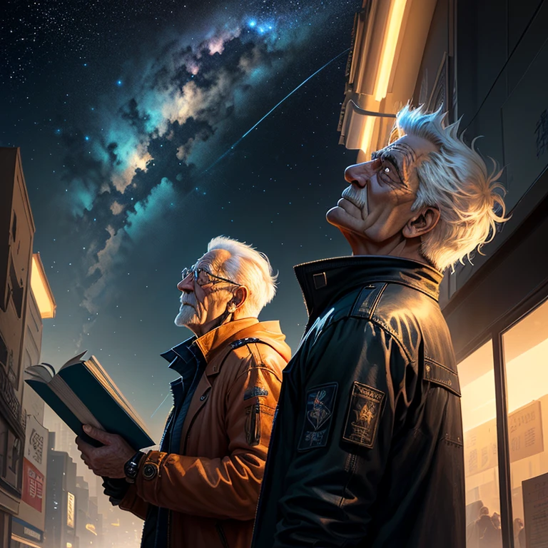 Cyberpunk series，Fantasy art photo realistic dynamic lighting poster。
Draw a vicissitudes of life old man，Holding a book，Looking up at the stars in the sky。
there is a light in the darkness，Facing everyone with a vicissitudes of life background。