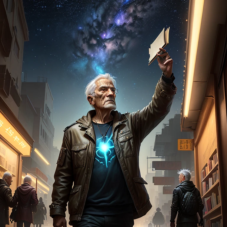 Cyberpunk series,Fantasy art photo realistic dynamic lighting poster。
Draw a vicissitudes of life old man,Holding a book,Looking up at the stars in the sky。
there is a light in the darkness,Facing everyone with a vicissitudes of life background。