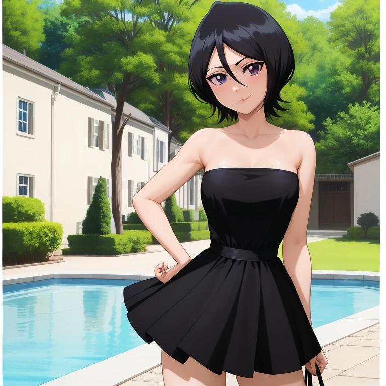 anime screencap, garden background, outside, sunny day, 1 girl, solo, hand on hip, short hair, black hair, purple eyes, black dress, strapless tube dress, smile, bare arms, bare shoulders, looking at viewer, hair between eyes, cowboy shot, lovely legs, facing viewer.