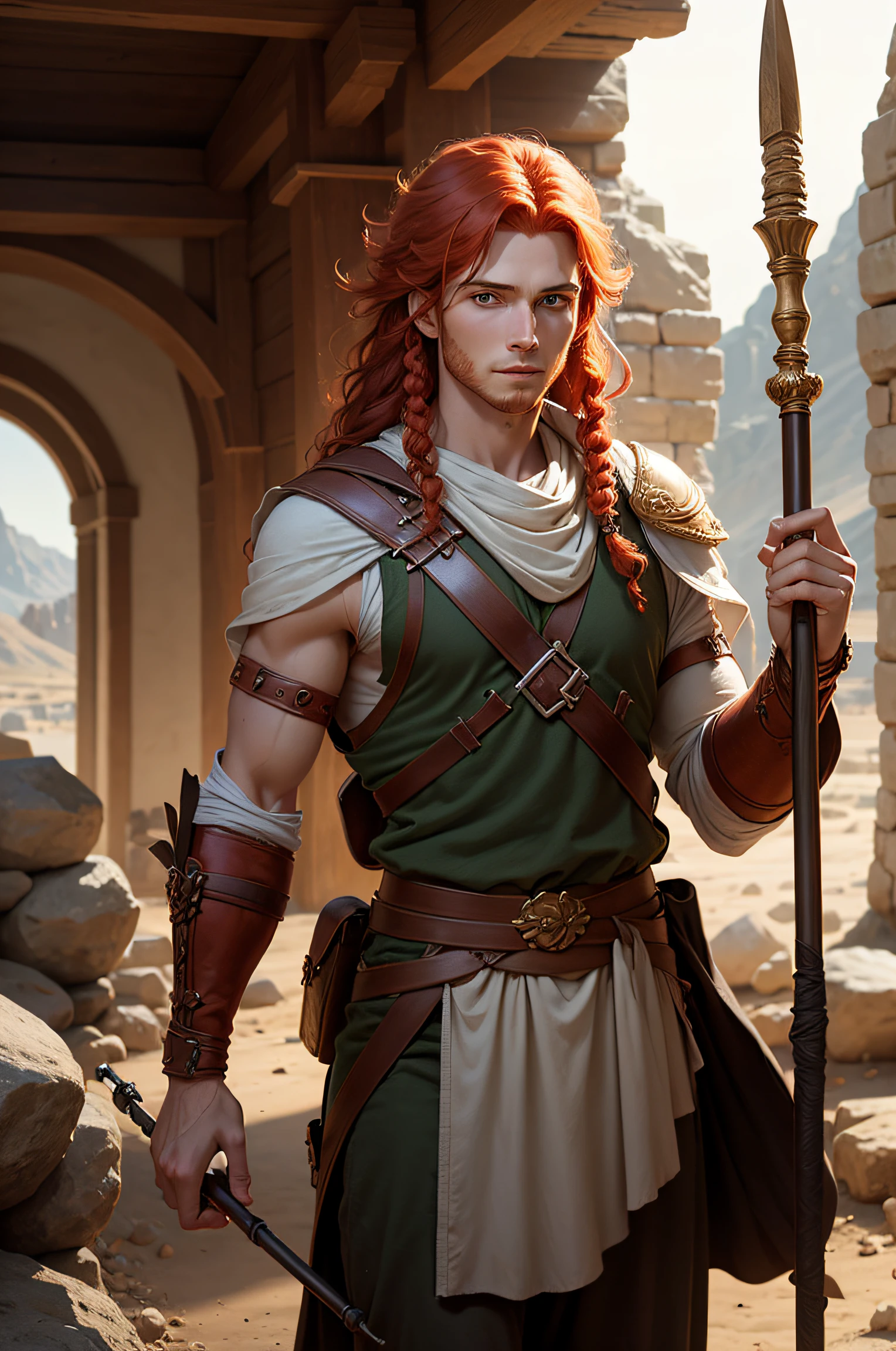 Create an image of a handsome young red-haired Israelite with his staff and shepherd's purse with five pebbles in his hand