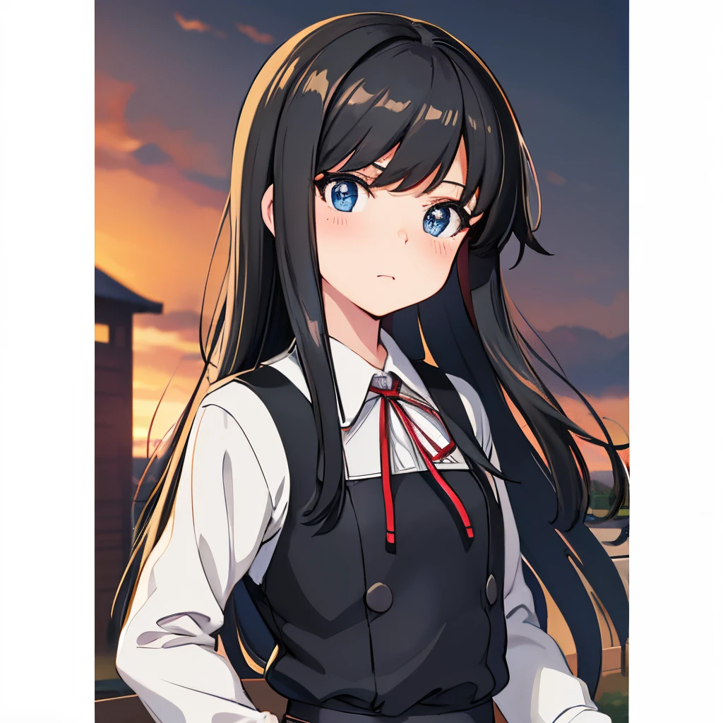 black pinafore dress, red ribbon, black hair, straight hair, half long hair, blue eyes, best eyes, best face, anime nose, anime mouth, closed anime mouths, (masterpiece, best quality:1.4), (ultra-detailed:1.2), illustration, picturesque,proud expression, confident,