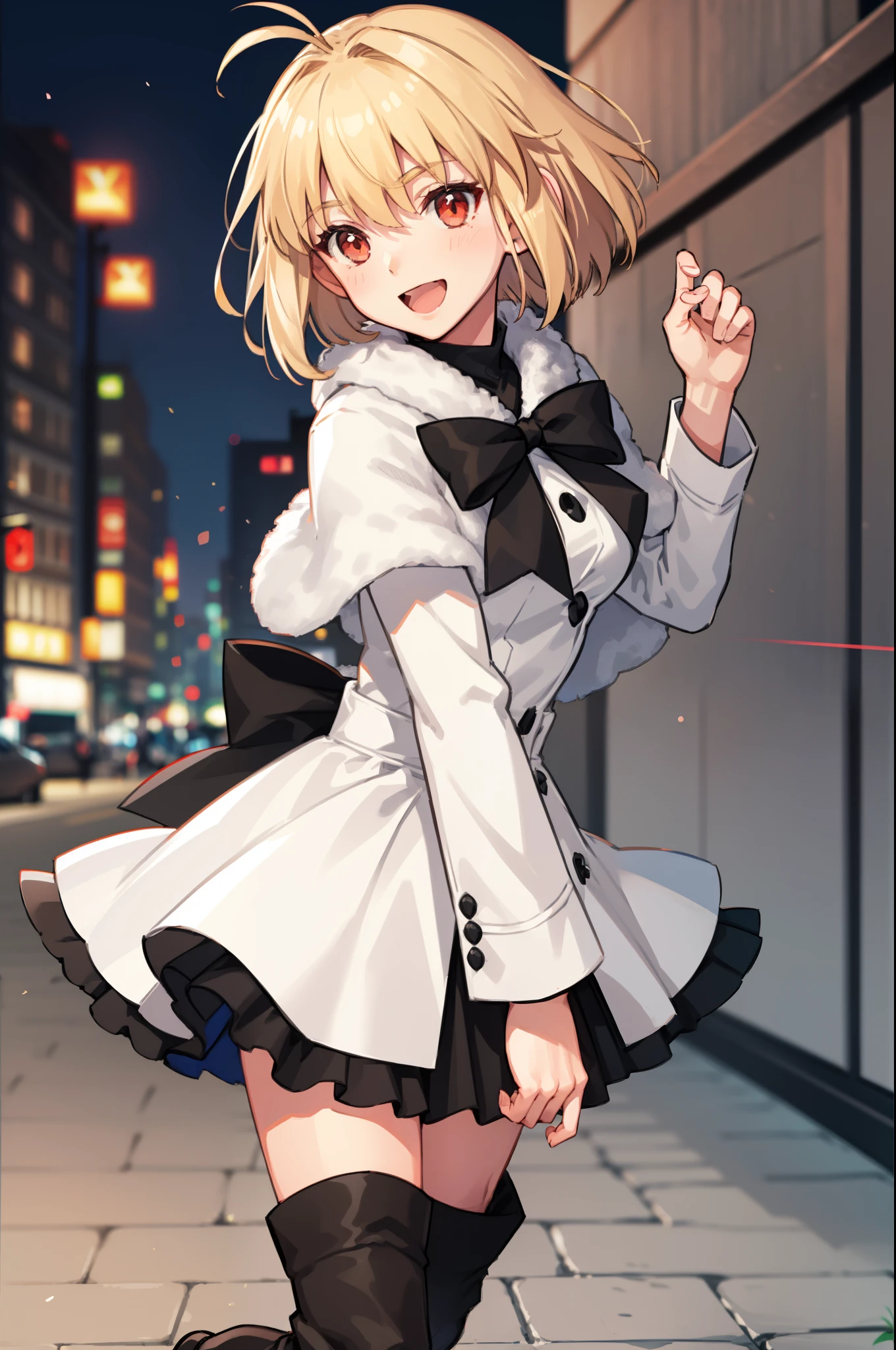 arcueid \(tsukihime\), ((1girl:1.5)), (((solo:1.5))),arms behind back, black bowtie, blush, buttons, white fur capelet, dress, fur trim, looking at viewer, open mouth, smile, solo, vampire, white dress, bokeh, long sleeves, :d, blurry, blurry background, boots, thigh boots, arcueid \(coat\), 2hands, accurate fingers, loish hands, extreme hand detail, normal hands, accurate hands, 2thumb,