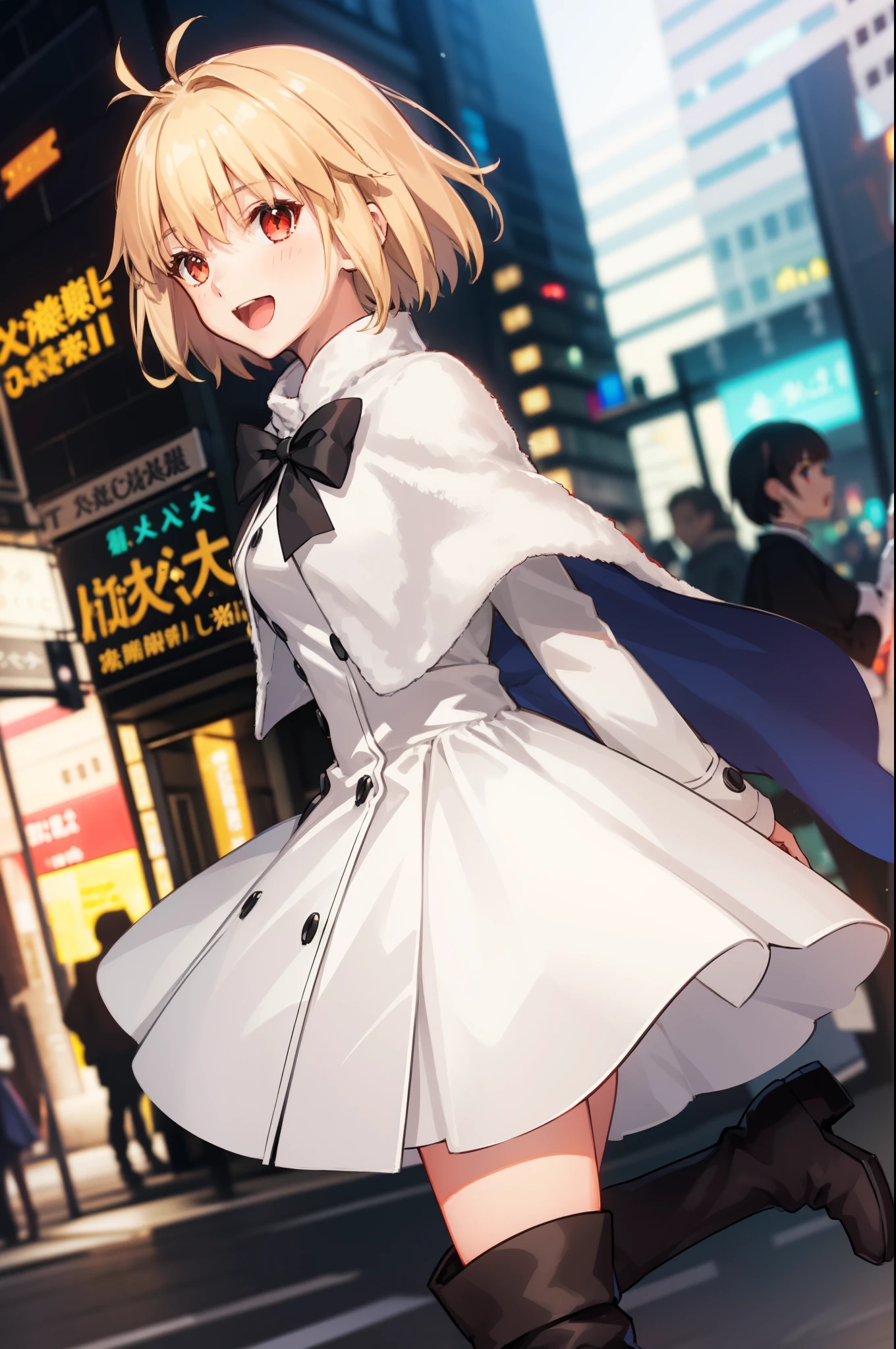 arcueid \(tsukihime\), ((1girl:1.5)), (((solo:1.5))),arms behind back, black bowtie, blush, buttons, white fur capelet, dress, fur trim, looking at viewer, open mouth, smile, solo, vampire, white dress, bokeh, long sleeves, :d, blurry, blurry background, boots, thigh boots, arcueid \(coat\), 2hands, accurate fingers, loish hands, extreme hand detail, normal hands, accurate hands, 2thumb,