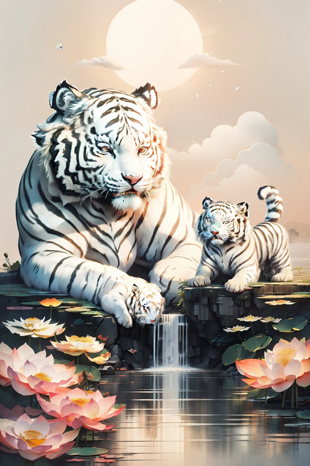 (Sunlight shines:1.2)，(1 white tiger:1.4),(There is a big Buddha behind:1.3)，(Stepping on lotus:1.2)，in heaven，Nasturtium blooms in the clouds，Best quality at best，Oriental elements，Ink painting style，Lots of white space