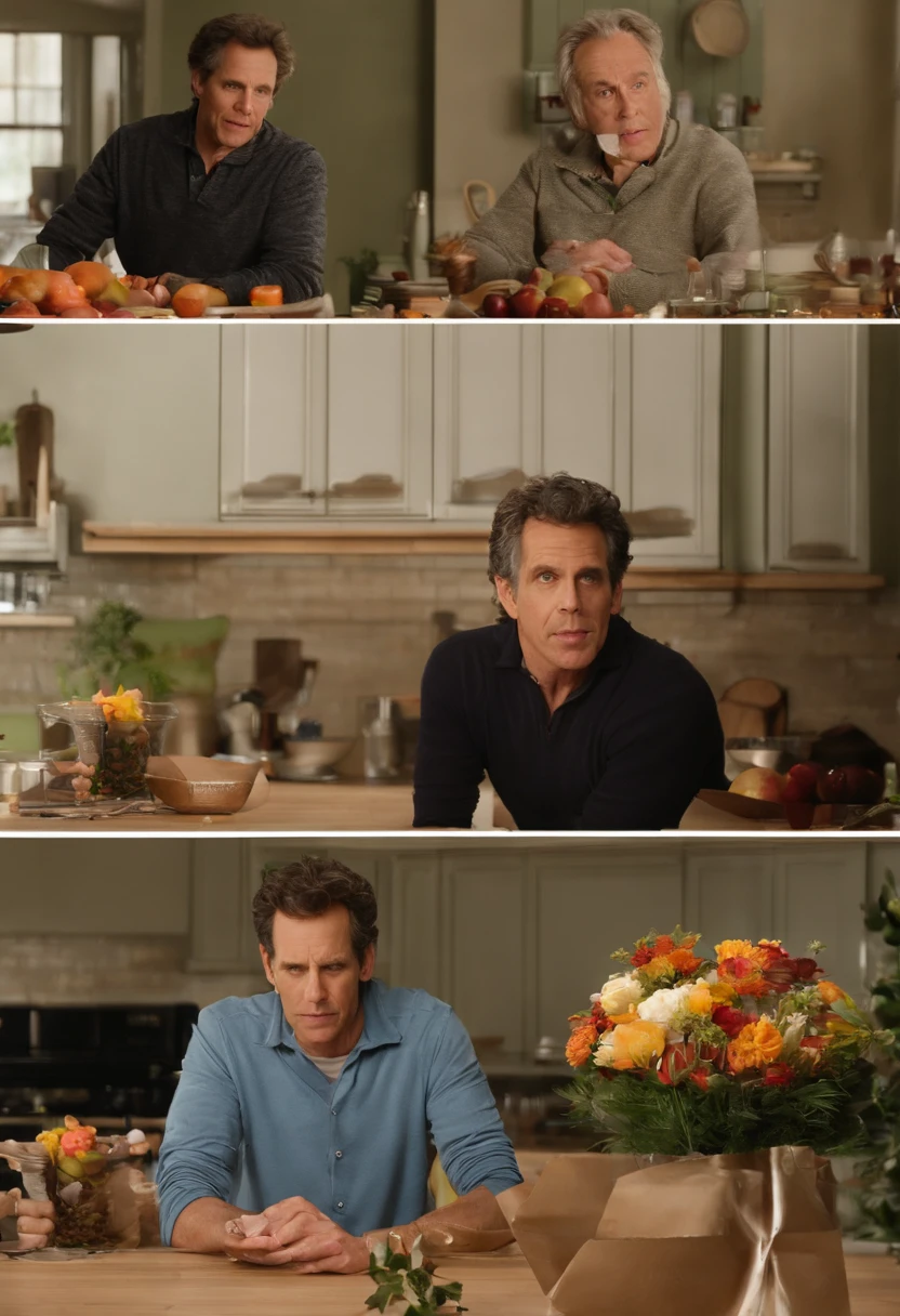 A photo of Greg attempting to arrange a surprise flower arrangement for Pam's parents,Meet the Parents film series,Greg Focker, the fictional character portrayed by Ben Stiller in the “Meet the Parents” film series, presents as an everyman with a relatable and approachable demeanor. He has an average build and height, with a generally unassuming appearance, often dressed casually in a way that underscores his down-to-earth and slightly awkward personality. His expressive facial features often convey his frequent discomfort and the comedic anxiety he experiences in various situations throughout the series., male