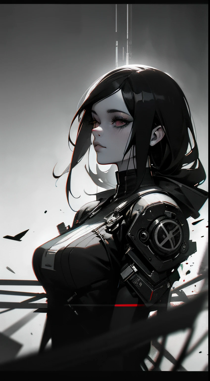 a digital painting of a woman with black and white makeup, cyberpunk art by Anna Dittmann, cgsociety, gothic art, dystopian art, detailed painting, behance hd, deep photography, Ilford HP5 film, crushed blacks, depth of field, dark photo, film grain, shadows, natural light