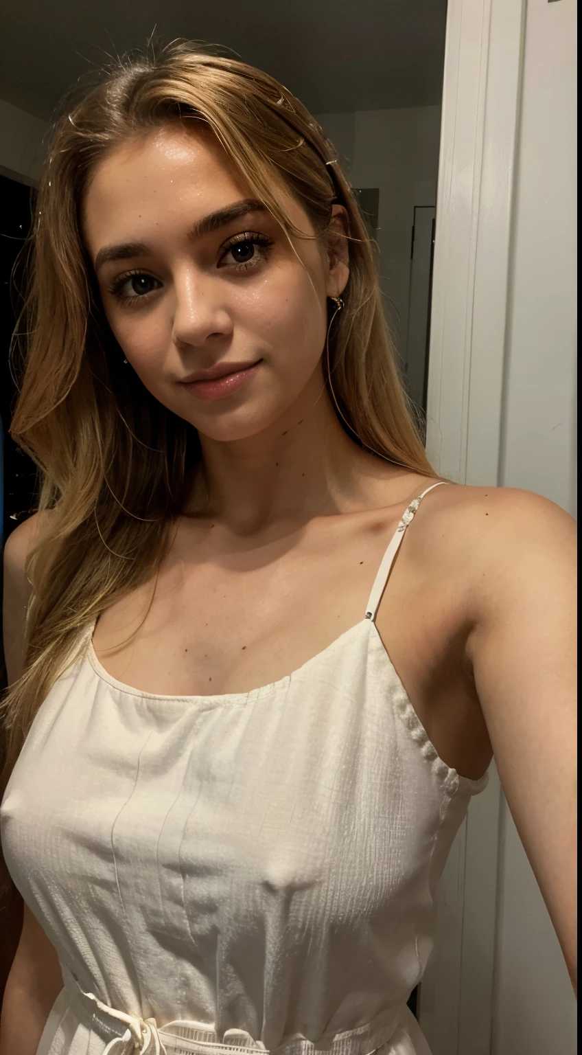 Chica rubia, vestido ajustado, selfie
