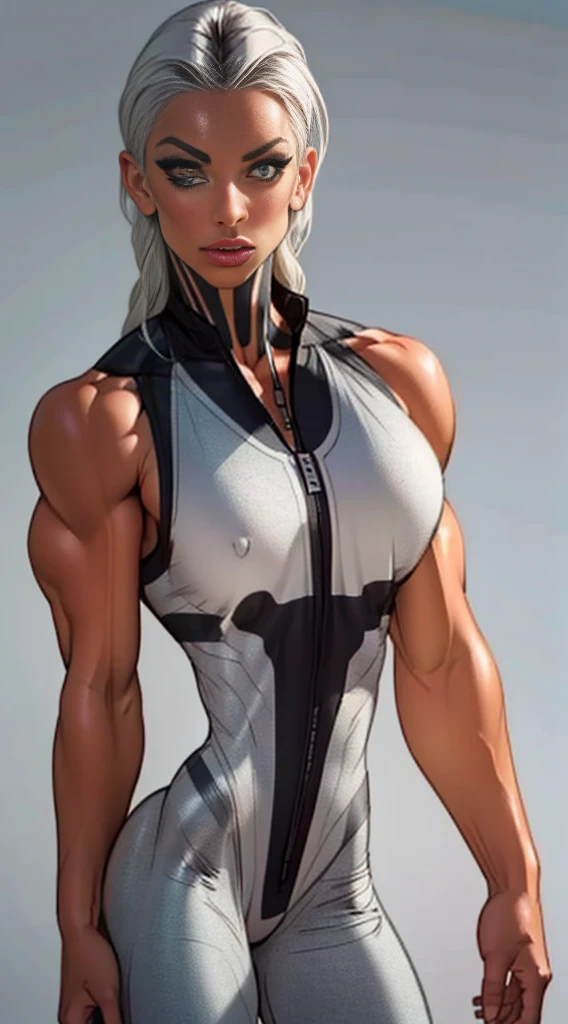 Drawing of platinum blonde katopunk female fitness model, toned body, feminine, huge upper body, torso shot, wide shoulders, veins, beautiful face, detailed eyes, perfect eyes, makeup, full lips, slim face, high cheekbones,(best quality, highres, ultra-detailed, realistic), muscular arms, defined abs, confident expression, ((light silver gray gymsuit)), lovely gaze, light colors, dynamic lighting, artwork, blank background