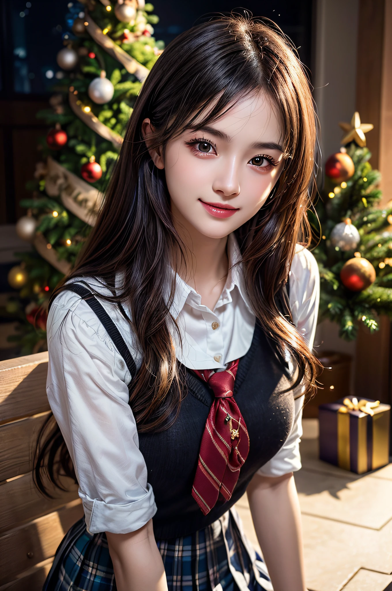 (1 cute girls), Extremely cute, Amazing face and eyes, (Beautiful lovely smile), (extremely detailed beautiful face), bright and shiny lips, (School uniform, Pleated skirt:1.3), (Best Quality:1.4), (hyper quality), (Ultra-detailed), (Hyper-realistic, Photorealsitic:1.37), Authentic skin texture, intricate-detail, extremely detailed CG unified 8k wallpaper, RAW Photos, professional photograpy, Cinematic lighting, Exposing, Christmas tree, Christmas Ornaments, Christmas Decorations, Christmas Lights, christmas lights,