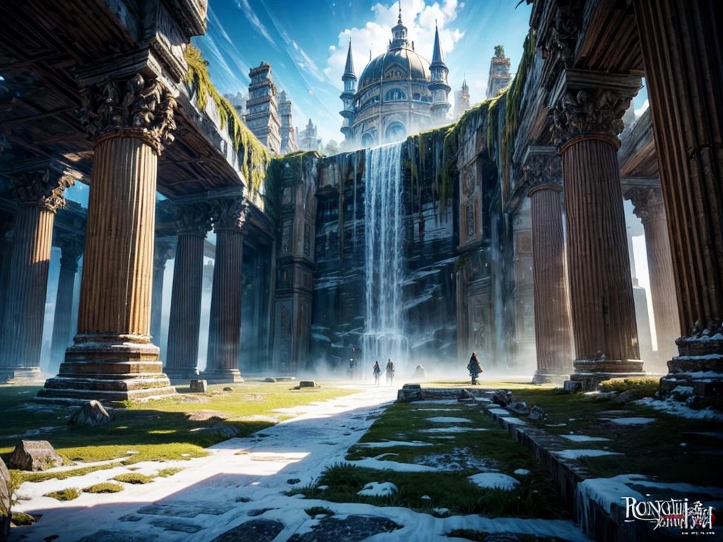 Digital illustration, Detailed and intricate, The panoramic landscape view, Gigantic ancient frozen icy stone tower ruins in the panoramic plateau, Intricate steampunk gigantic frozen icy ruins, Night sky and chilly, Rocky and snowy and foggy, hundreds of Pilgrims and adventurers, Tu Bui art style, Yoshitaka Amano art style, Hayao Miyazaki art style, Masterpiece, Proportional, Detailed, Beautiful lighting, Realistic, Intricate, 4k highest quality, 4K digital painting in the style of Yoshitaka Amano, Beautiful lighting and cinematic composition, Rule of thirds composition