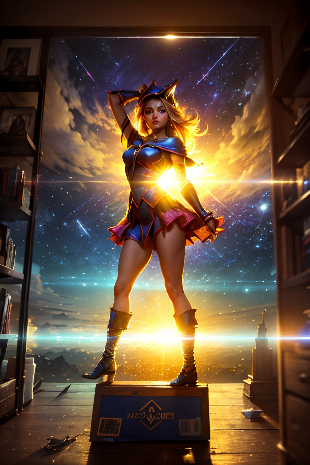 (Obra maestra:1.2), (La mejor calidad:1.2), Perfect lighting, Chica Maga Oscura lanzando un hechizo, In his twenties, flotando en el aire, escote, desde arriba, Destellos, Yugioh Card en el fondo. Pose sejustiva y sensual.