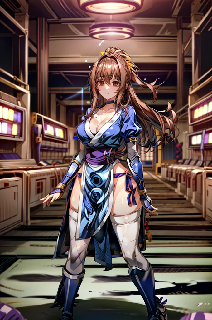 (masterpiece, best quality:1.3)
KasumiDOA, 1girl, solo, long hair, breasts, looking at viewer, bangs, large breasts, brown hair, thighhighs, dress, ribbon, cleavage, brown eyes, medium breasts, underwear, standing, panties, hair ribbon, braid, short sleeves, cowboy shot, japanese clothes, puffy sleeves, white thighhighs, puffy short sleeves, lips, sash, pelvic curtain, yellow ribbon, realistic, nose, arm guards, kote,hypnoLora,
empty eyes,Upright Pose,(Inside a futuristic and complex laboratory:1.6),(hands and feet tied to machines)