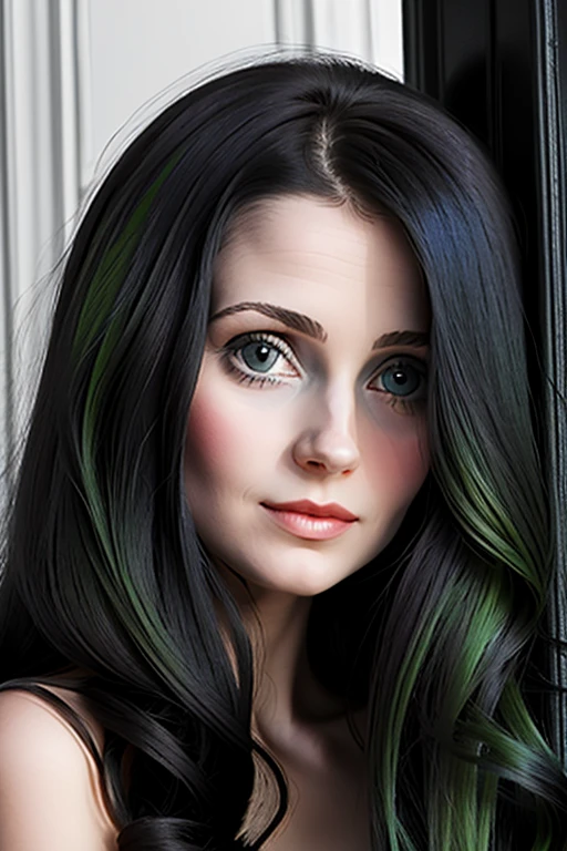 jeune femme cheveux noir,trés realiste,humaine,yeux vert,visage parfai détaillé,jeune,jolies formes