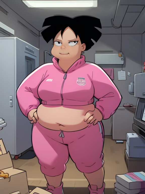 ((masterpiece, Highest Quality)), obese amy wong, black hair, wearing a pink track suit, visible navel, black eyes, farting, fat arms, fat belly, fat neck, big and fat face, big cheeks, extra thick thighs
standing, hands on hips, looking at viewer, smiling, sexy pose, fart,
indoors, empty warehouse, brick walls, eating pizza
extremely detailed, bounce lighting, clean ambiance, HDR,