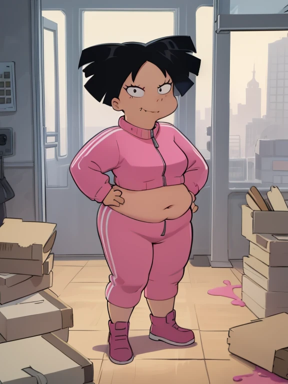 ((masterpiece, Highest Quality)), obese amy wong, black hair, wearing a pink track suit, visible navel, black eyes, farting, fat arms, fat belly, fat neck, big and fat face, big cheeks, extra thick thighs
standing, hands on hips, looking at viewer, smiling, sexy pose, fart, 
indoors, empty warehouse, brick walls, eating pizza 
extremely detailed, bounce lighting, clean ambiance,  HDR,