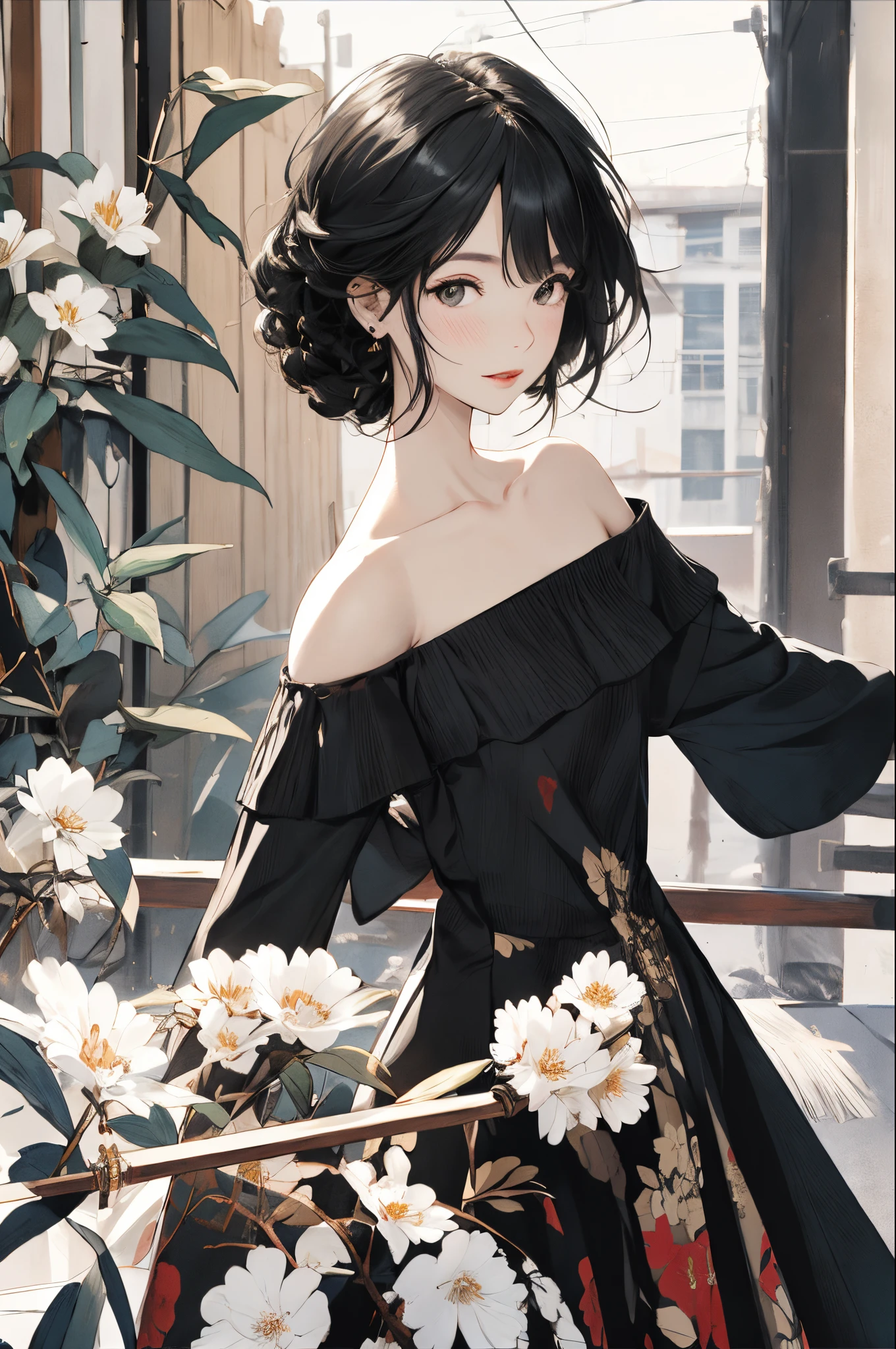Off-the-shoulder attire,one-girl,Chopping,frontage,sportrait