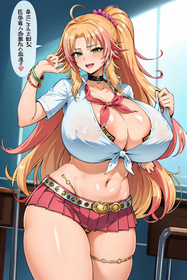barbarian school, 1girl in, (huge-breasted:1.2),gigantic thigh,thick thighs,Smile,Happy,Pink skirt,gals, Leopard print, Navel piercing, crass room,Animal print, bikini of, Swimsuit, Huge breasts, Solo, で, micro skirt, Long hair, Skirt, Navel, Red hair, Ahoge, Piercing, Curve, cleavage, Kogal, Choker, Belt bag, Jewelry, Very long hair, Pleated skirt, 手链, thick thighs, Tied shirt, Looking at Viewer, Bow, Scrunchie, School uniform, Open mouth, Shirt, Underwear, Bra, Hair Ornament, Midriff