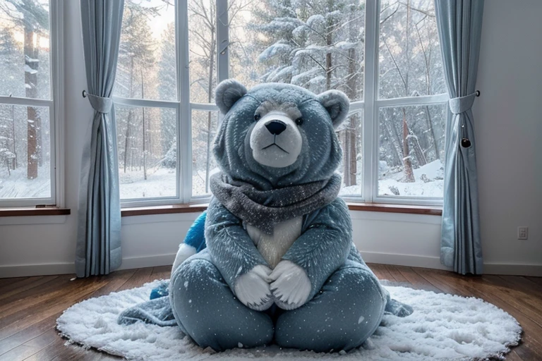 highres,realistic,beautiful winter forest scene,large detailed bear in the foreground,frost-covered trees,soft falling snowflakes,magical Christmas atmosphere,colorful lights,enchanted landscape,warm glow from the cabin windows,crisp winter air,sparkling ice,peaceful and serene setting,calming and tranquil scene,subtle hints of holiday decorations,gentle breeze rustling through the trees,icy blue and white color palette,subtle shadows and highlights,whimsical and dreamy interpretation,captivating and ethereal ambiance