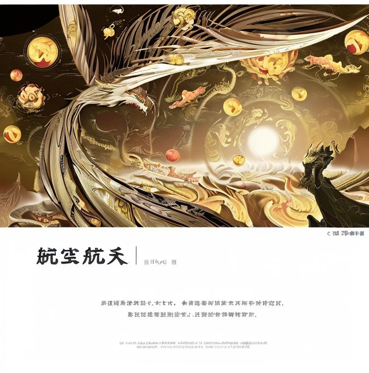Multi-element background image,Mainly with dragon and lion elements,k hd,The picture is rich and not cluttered,Multi-tone,Main color black and gilt,golden colored,With auspiciousness,Landscape composition,flat poster screen