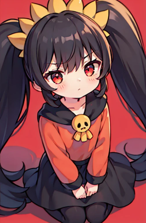 1girl in, Solo, ashley (WarioWare), Twin-tailed, skull, Orange Hair Band, Red Eyes, Black hair, Big hair, Long hair, pantyhose, Red dress, angry, Simple background, Looking at Viewer, face to the viewer, From above, (Best Quality), (Detailed), Soft shadows, depth of fields, Illustration, Colorful, 4K,study