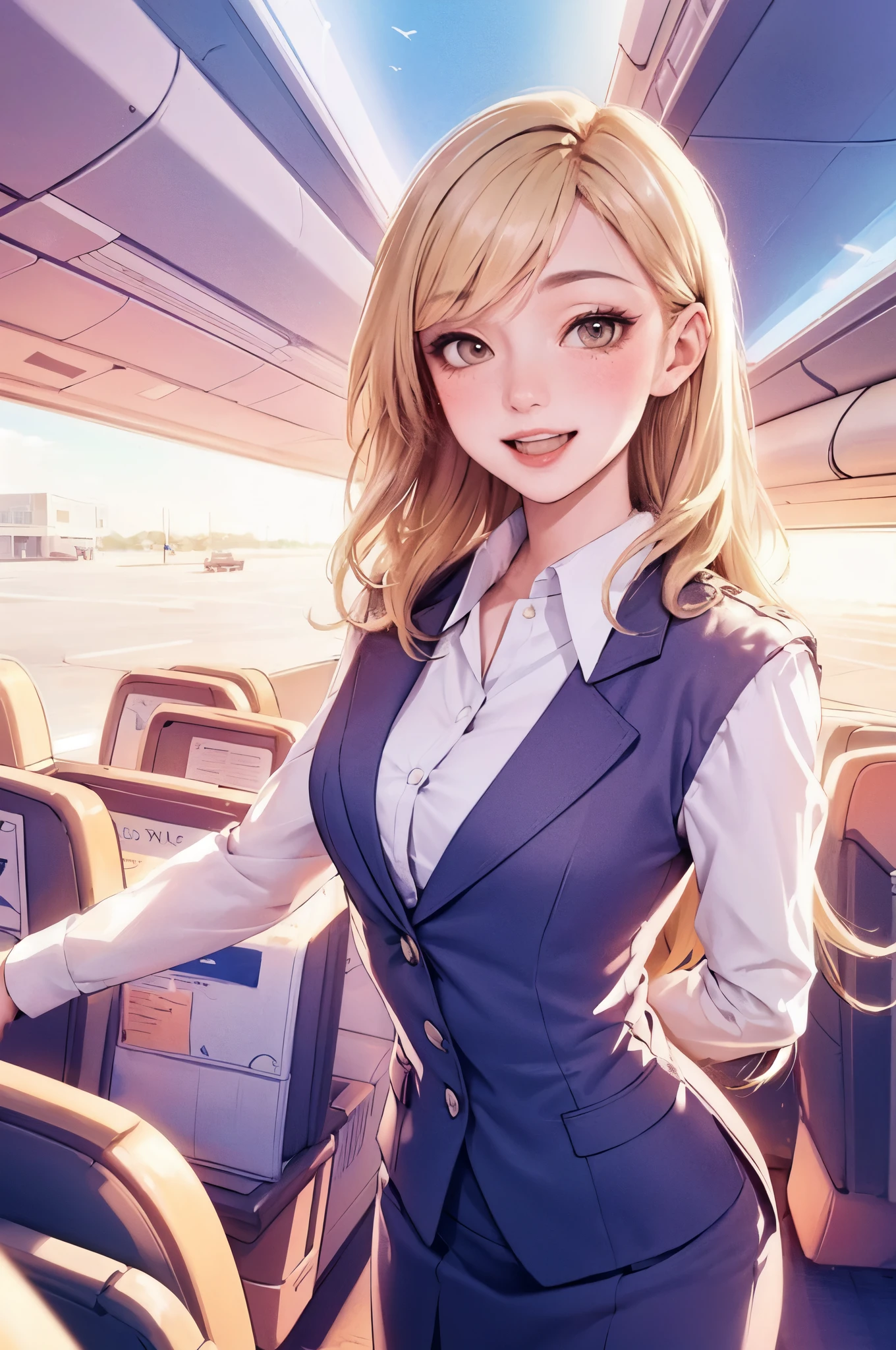 1lady standing, stewardess, (stewardess uniform), mature female, /(beige blond hair/) bangs, blush happy smile, (masterpiece best quality:1.2) ultra-detailed, large breasts BREAK /(airplane seat/) indoors