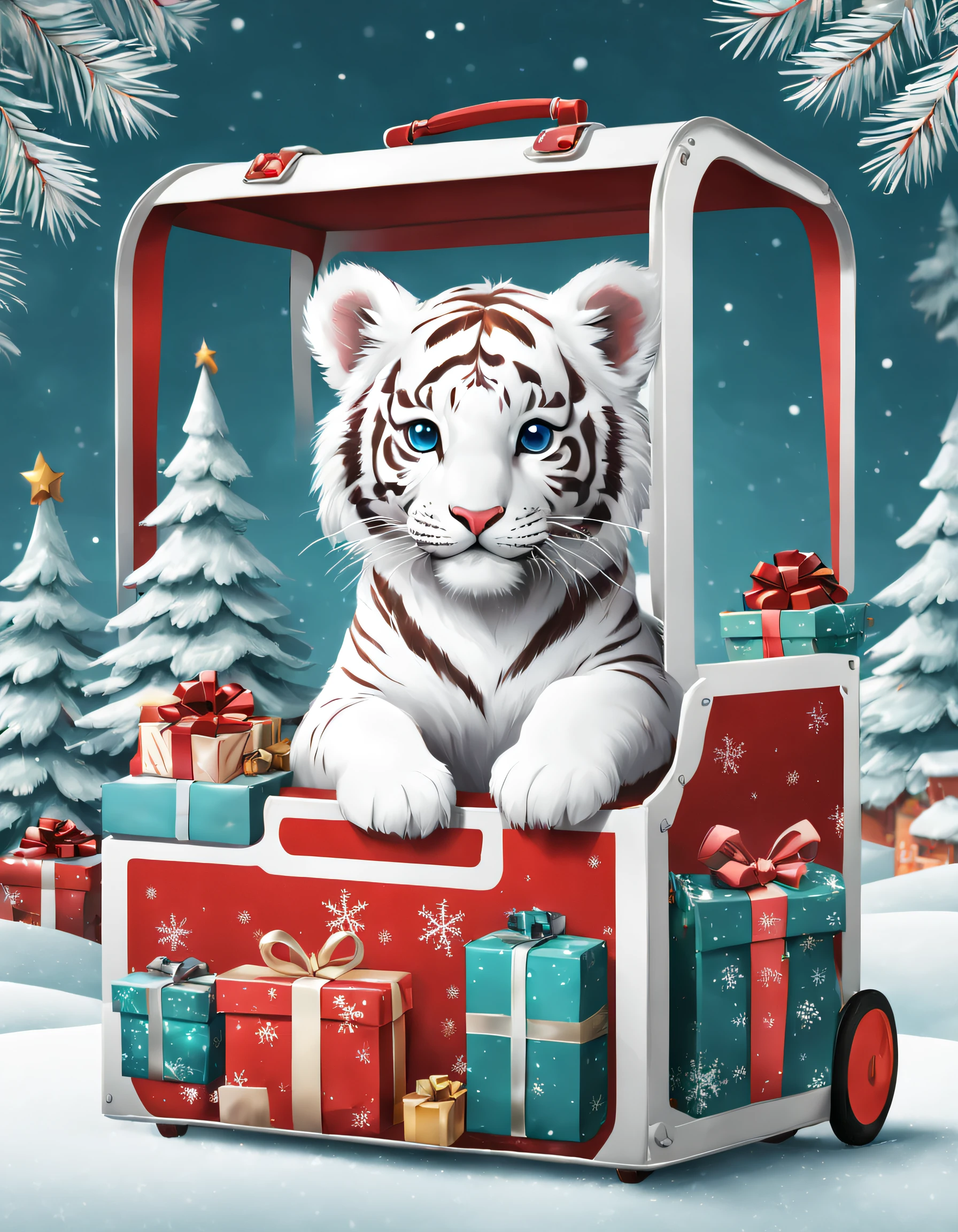 Product design，Poster design，（Little white tiger creative trolley case），Background with：christmas