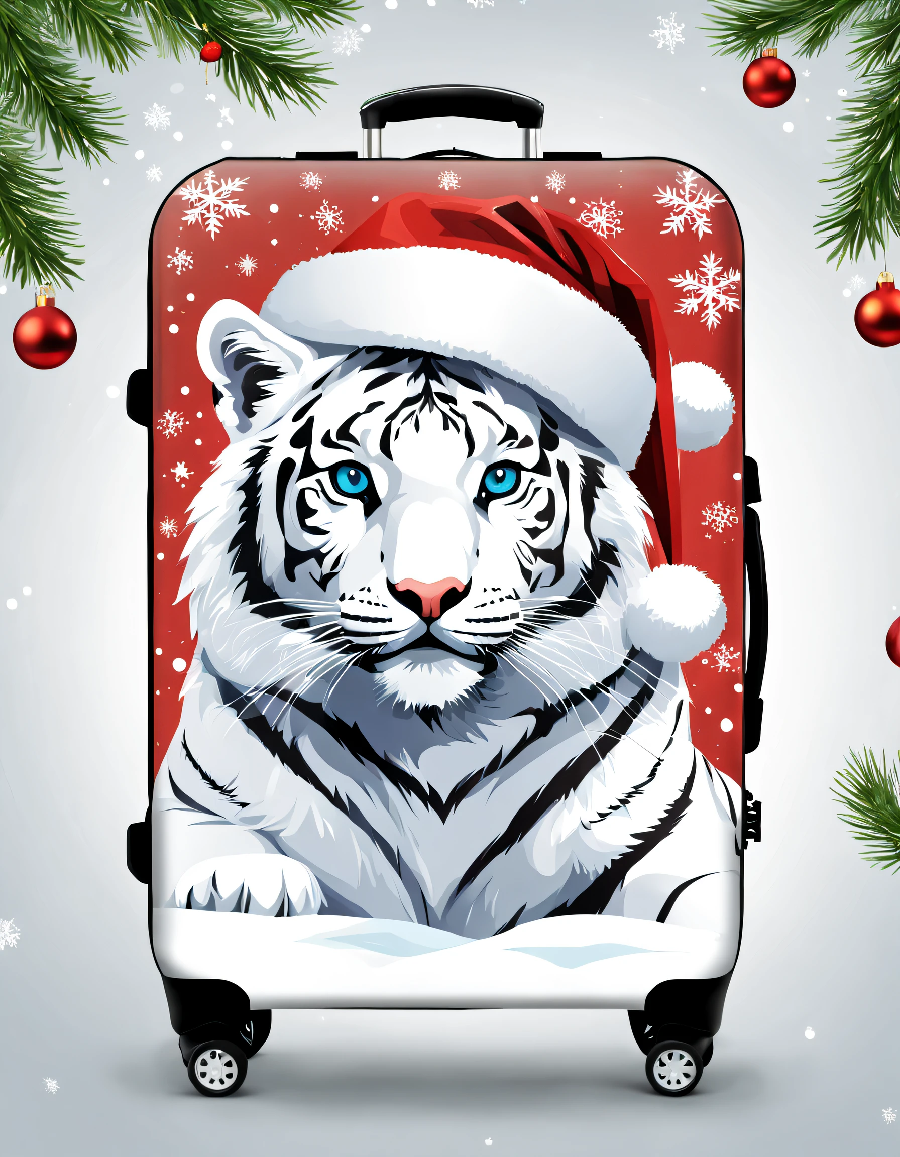 Product design，Poster design，（Little white tiger creative trolley case），Background with：christmas